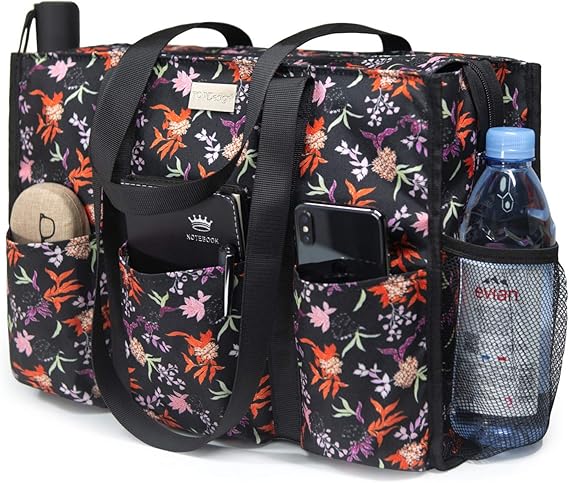 TOPDesign Utility Water Resistant Tote Bag with 13 Exterior & Interior Pockets, Top Zipper Closure & Thick Bottom Support