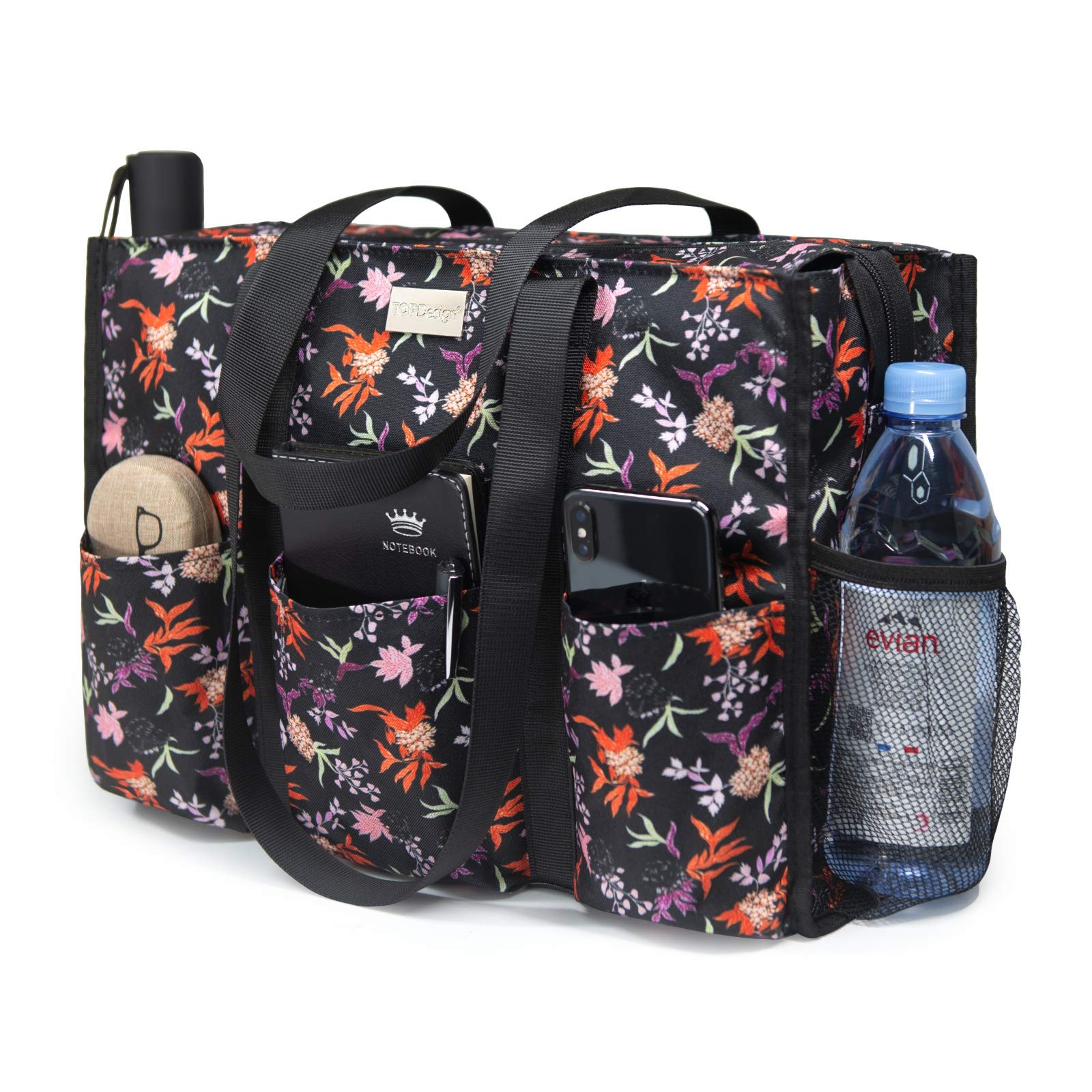 TOPDesign Utility Water Resistant Tote Bag with 13 Pockets, Zipper Closure