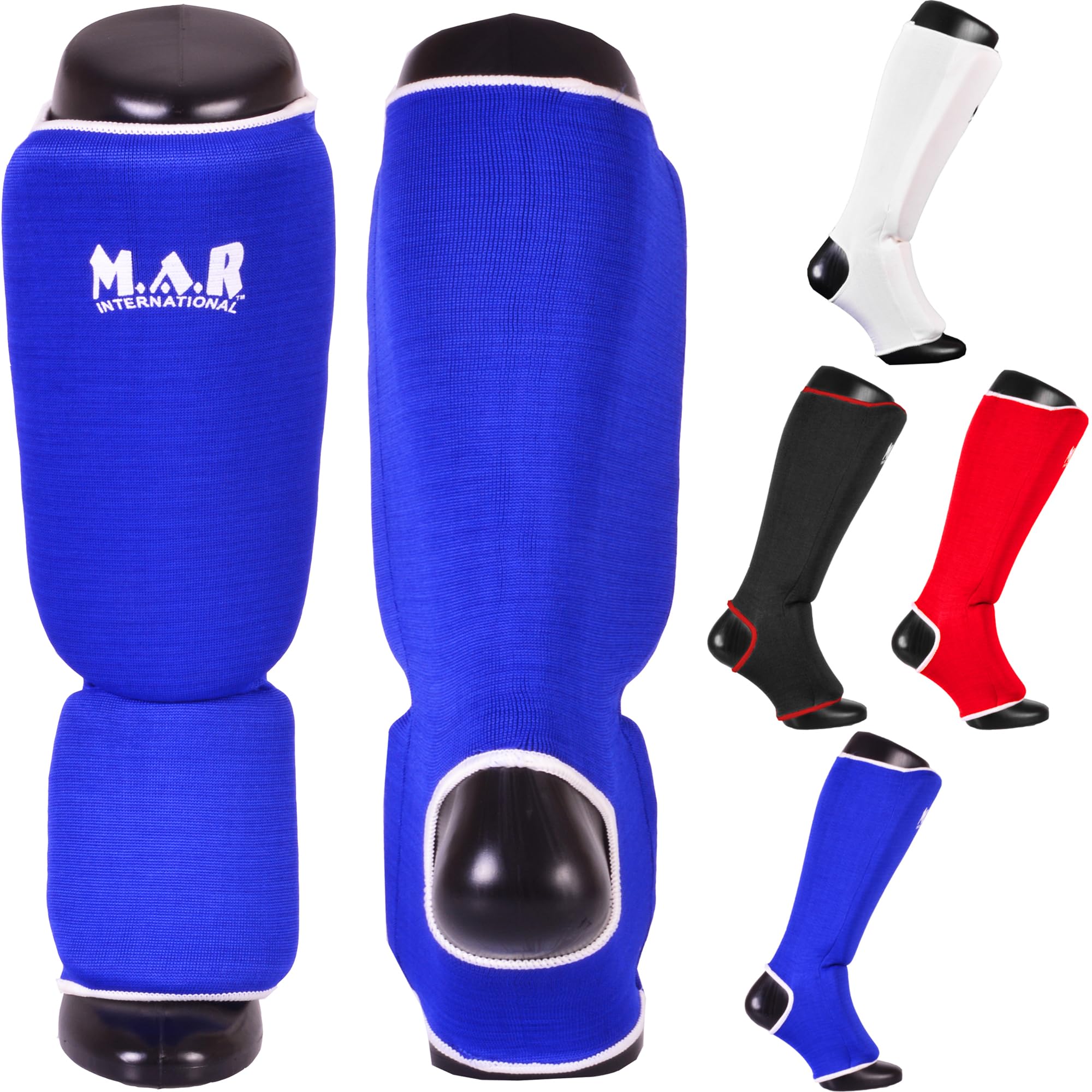 MAR | Blue Elasticated Shin and Instep Guards for Martial Arts, Karate, Kickboxing, Muay Thai, Slip-On Shin Pads, Training Shin Guard, MMA Foot Protector Training Leg Guards, BJJ, Taekwondo (XXS)