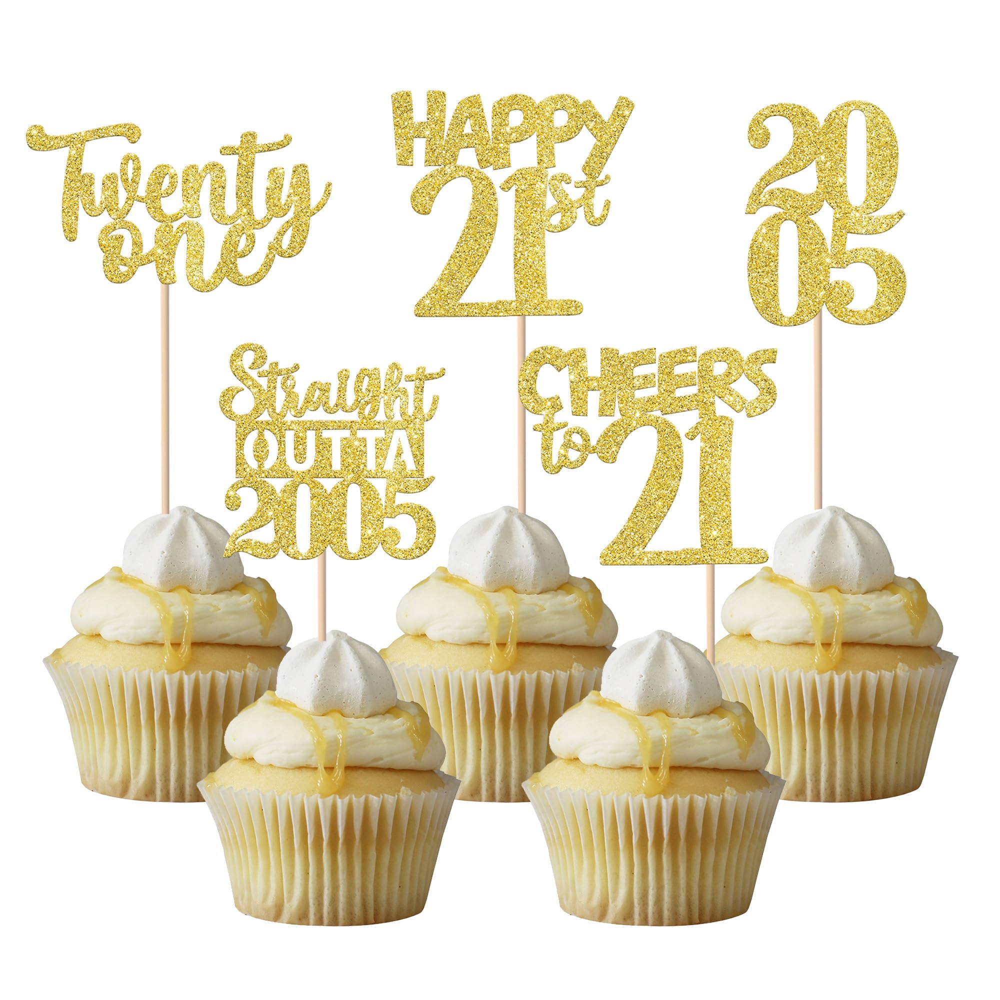 Xsstarmi 30 Pack Happy 21st Birthday Cupcake Toppers Gold Glitter Twenty One Straight Outta 2005 Cupcake Picks for Cheers to 21 Years 21st Birthday Anniversary Party Cake Decorations