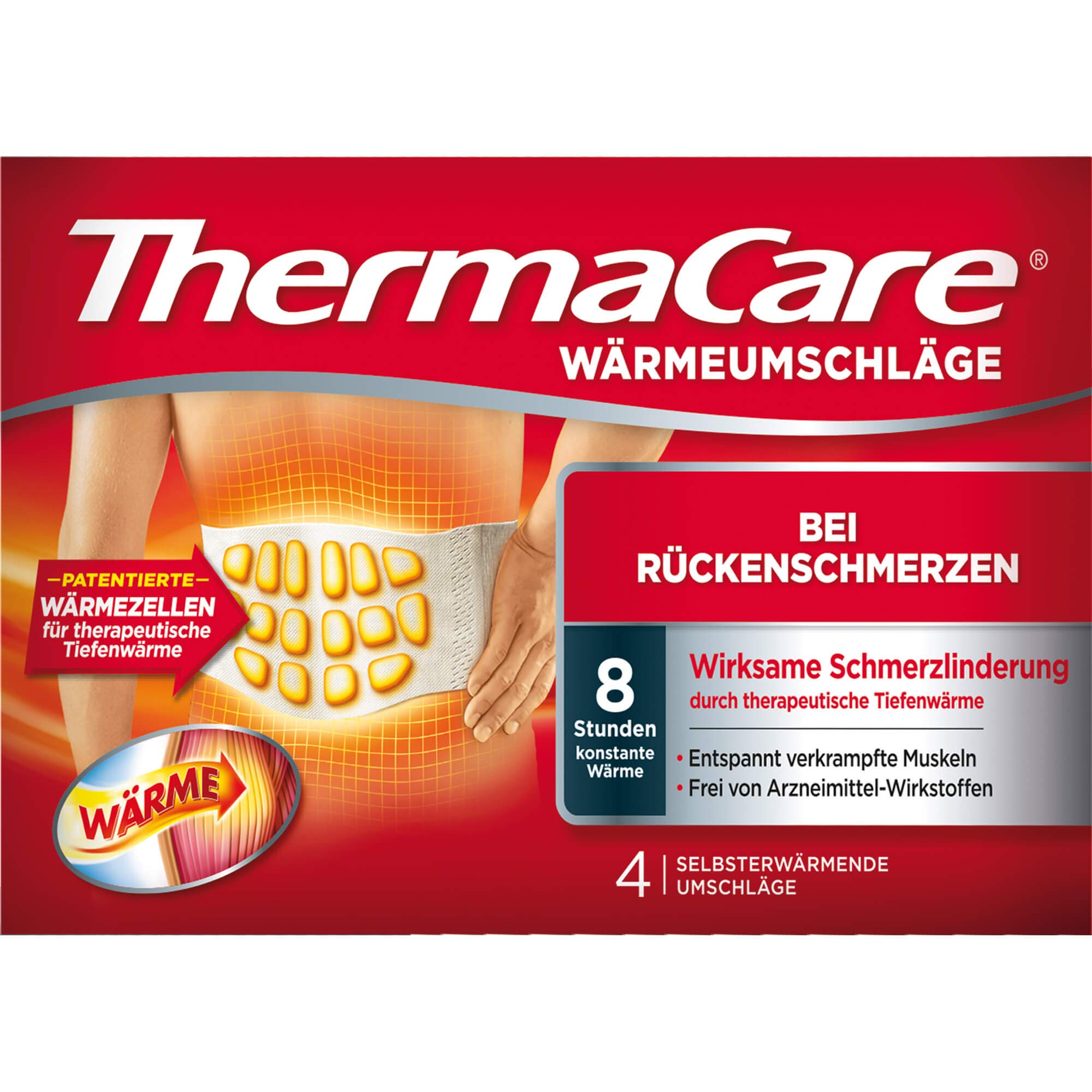 ThermaCare Almohadillas térmicas para aliviar el dolor de espalda, calor profundo para relajar los músculos, talla S-XL, 4 unidades por paquete