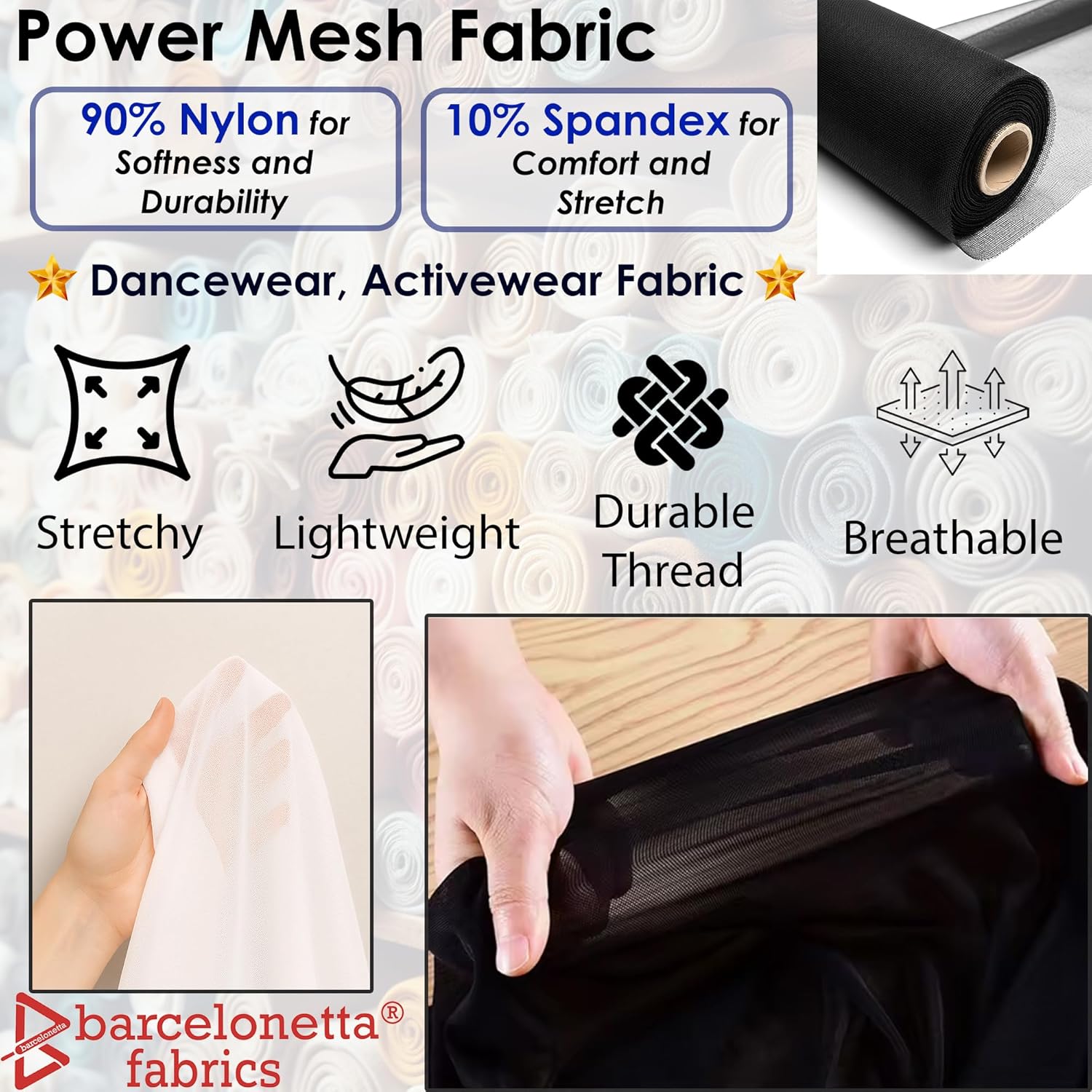 Power Mesh Fabric | 4-Way Stretch | Dancewear, Sportswear Fabric | 60" Wide | Lightweight, Sheer | 90% Nylon, 10% Spandex | for Sewing (5 Yards, Nude)