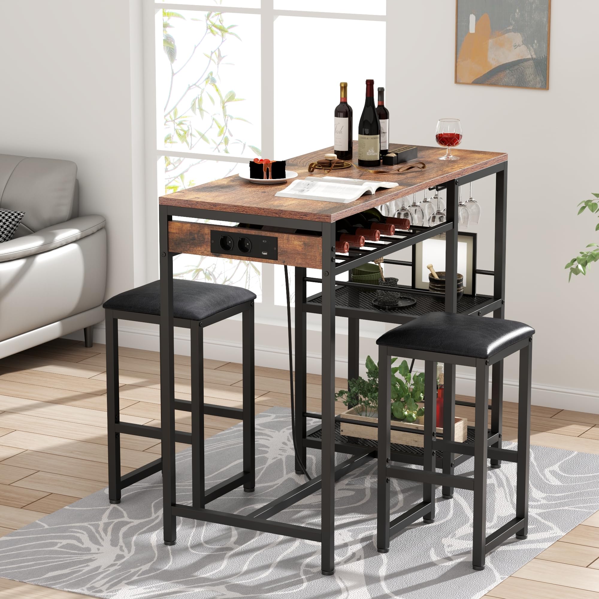 Gyfimoie Bartisch mit Barhocker Set, Stehtisch mit 2 Barhockern und Ladestation, Esstisch Set mit 2 Seitenregalen, Stahlgestell, Industrie-Design, Küchentisch für Esszimmer, Küche, Wohnzimmer
