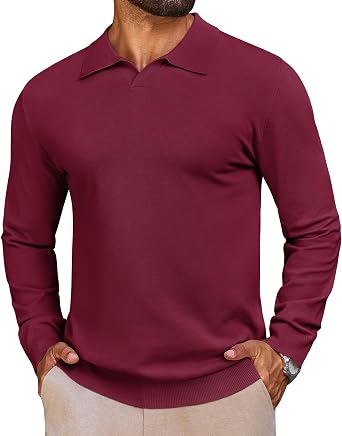 Lexiart Mens Knit Polo Shirts Long Sleeve V Neck Soft Casual Golf Shirts | Comfortable, Breathable, Solid Color, Ice Silk Material, Stretchy, Business Work, Exercise, Party, Vacation, Dating