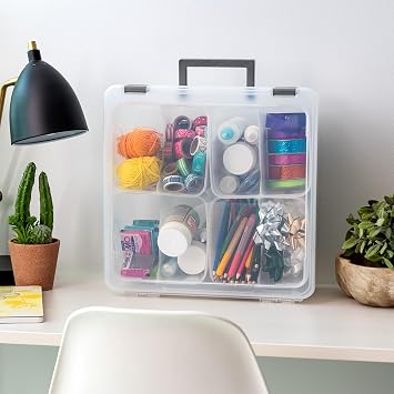 Iris Ohyama, Portable Plastic Storage Compartment Box with Handle, 25L, Clear, Snap-Tight Latch, 4 Removable Inner Cups and 4 Dividers, For Craft Supplies, Hobby, Art, Organizer, Box, BPA Free, DCB-4