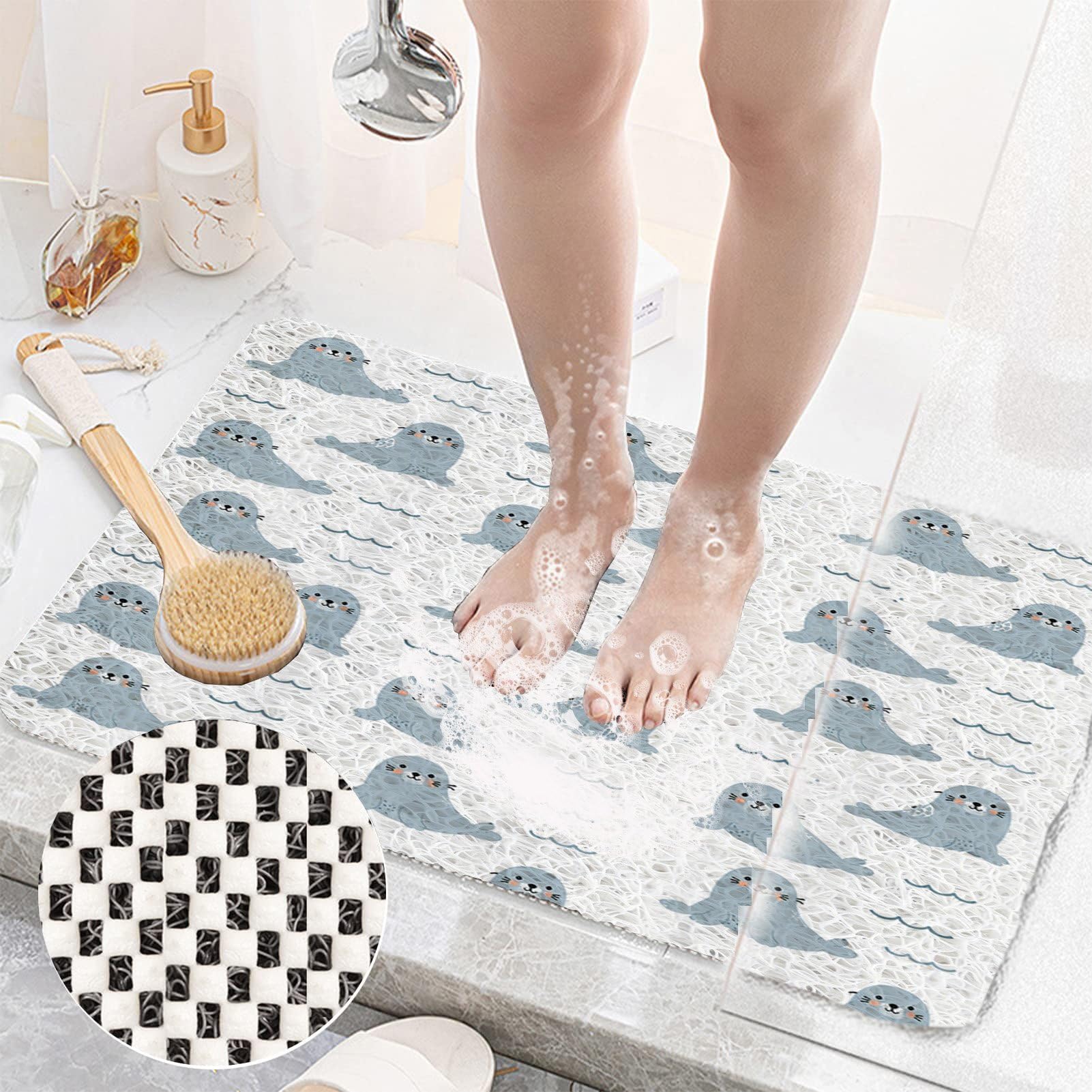 Shower Mat Bathtub Mat 80x80cm Non-Slip Quick Drying PVC Loofah Bathmat