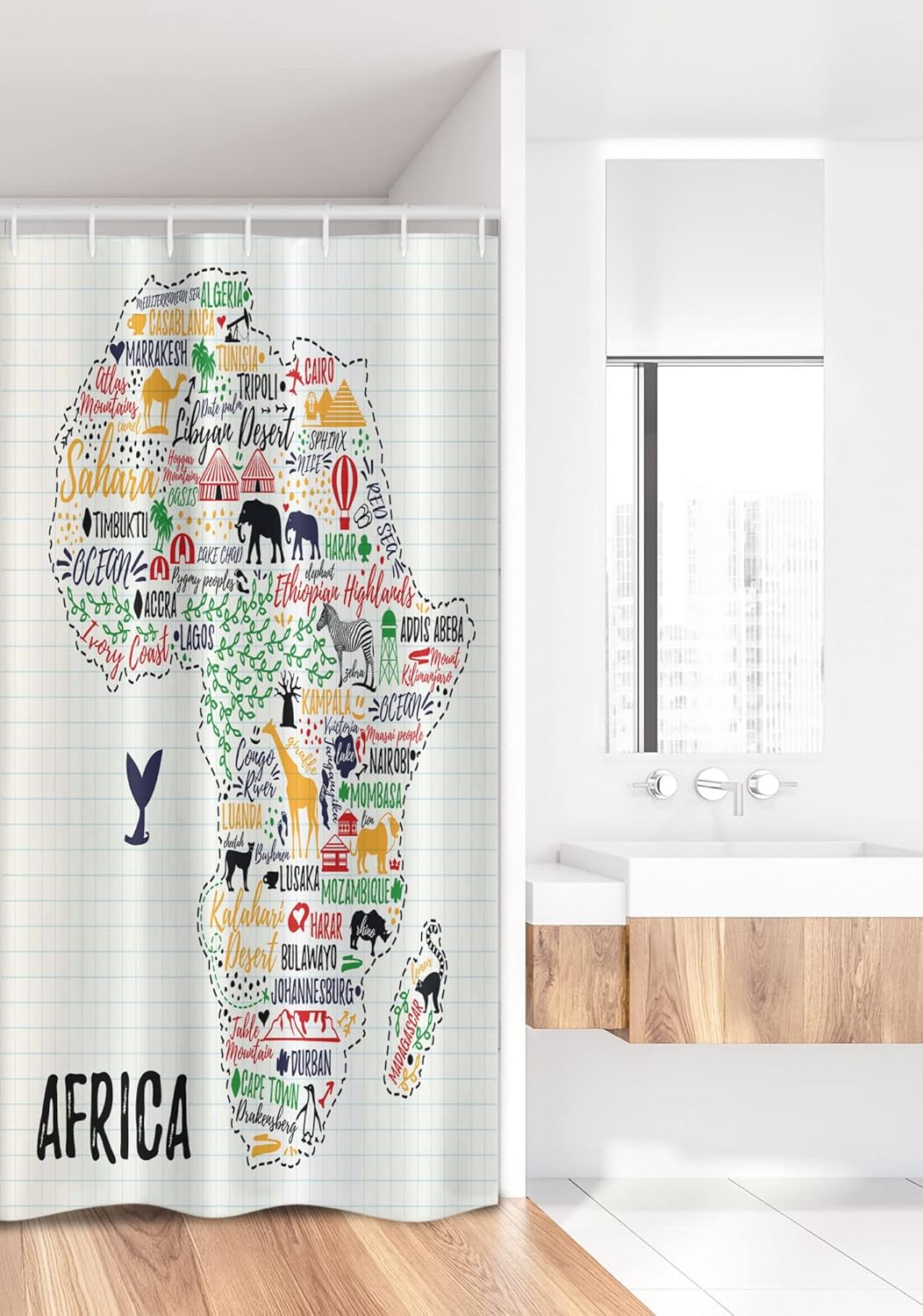 Ambesonne Saying Stall Shower Curtain, Colorful Lettering of Countries in Continent with Animals Art Print, Fabric Bathroom Decor Set with Hooks, 36" W x 72" L, Ivory Multicolor