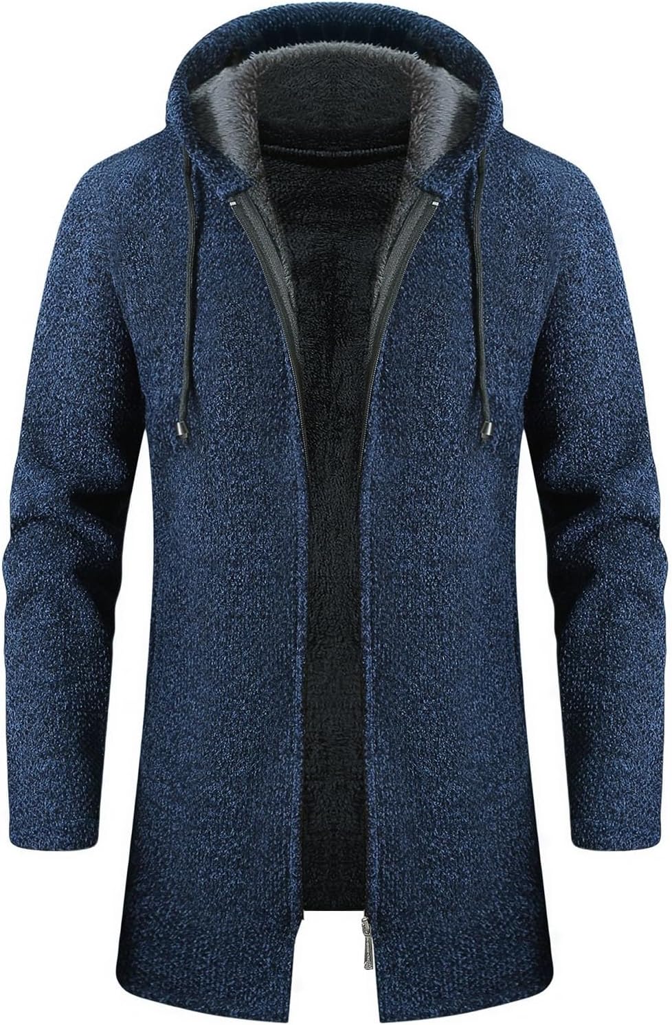 Hooded Sweater Jacket for Men Fleece Lined Long Trench Coats Winter Warm Windbreaker Overcoat with Pockets