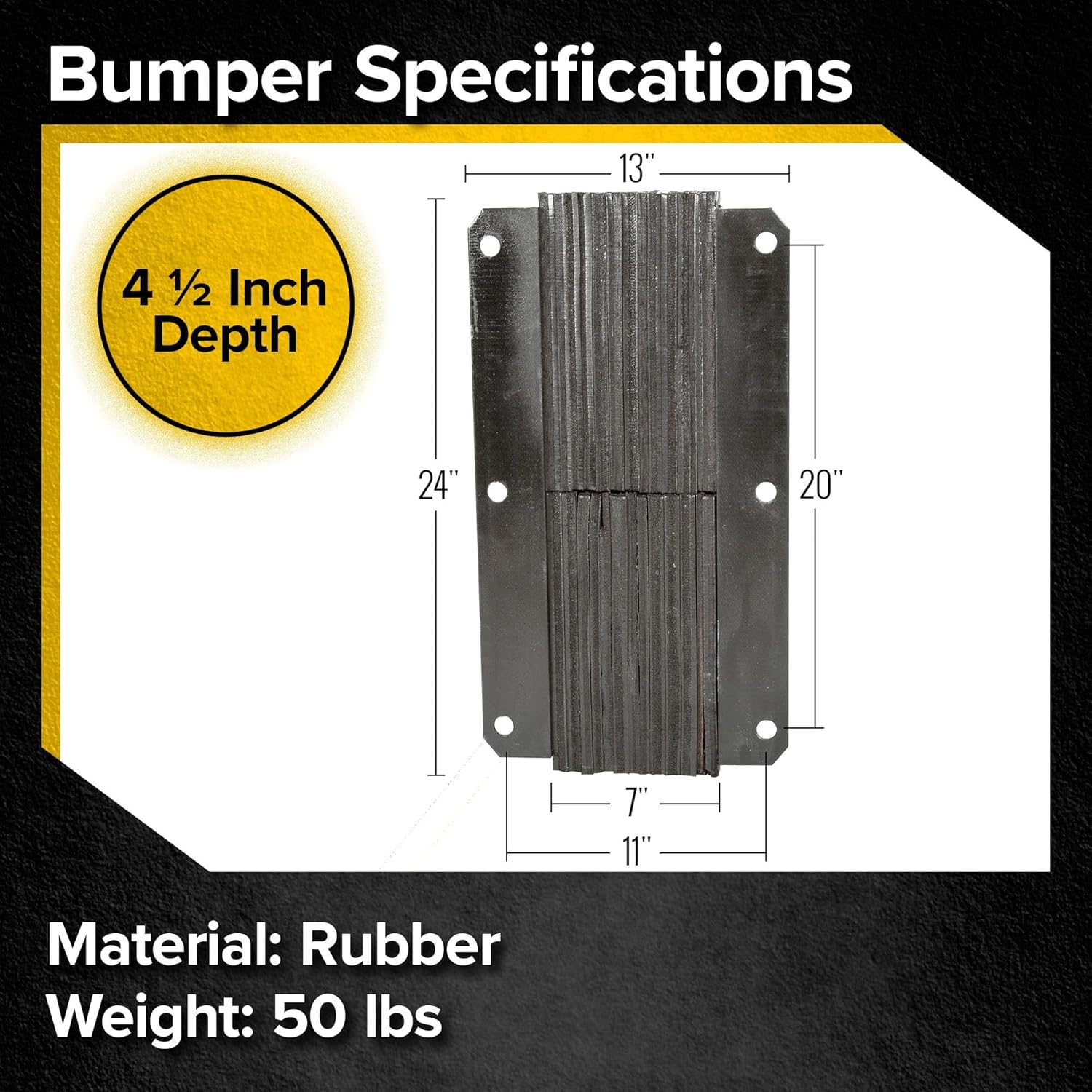 Rubber Dock Bumper, 11" x 24" x 4.5", for Loading Bay & Shipping Dock Protection, Laminated, Steel Mounting Bracket, 3/4" Mounting Holes, Guardian