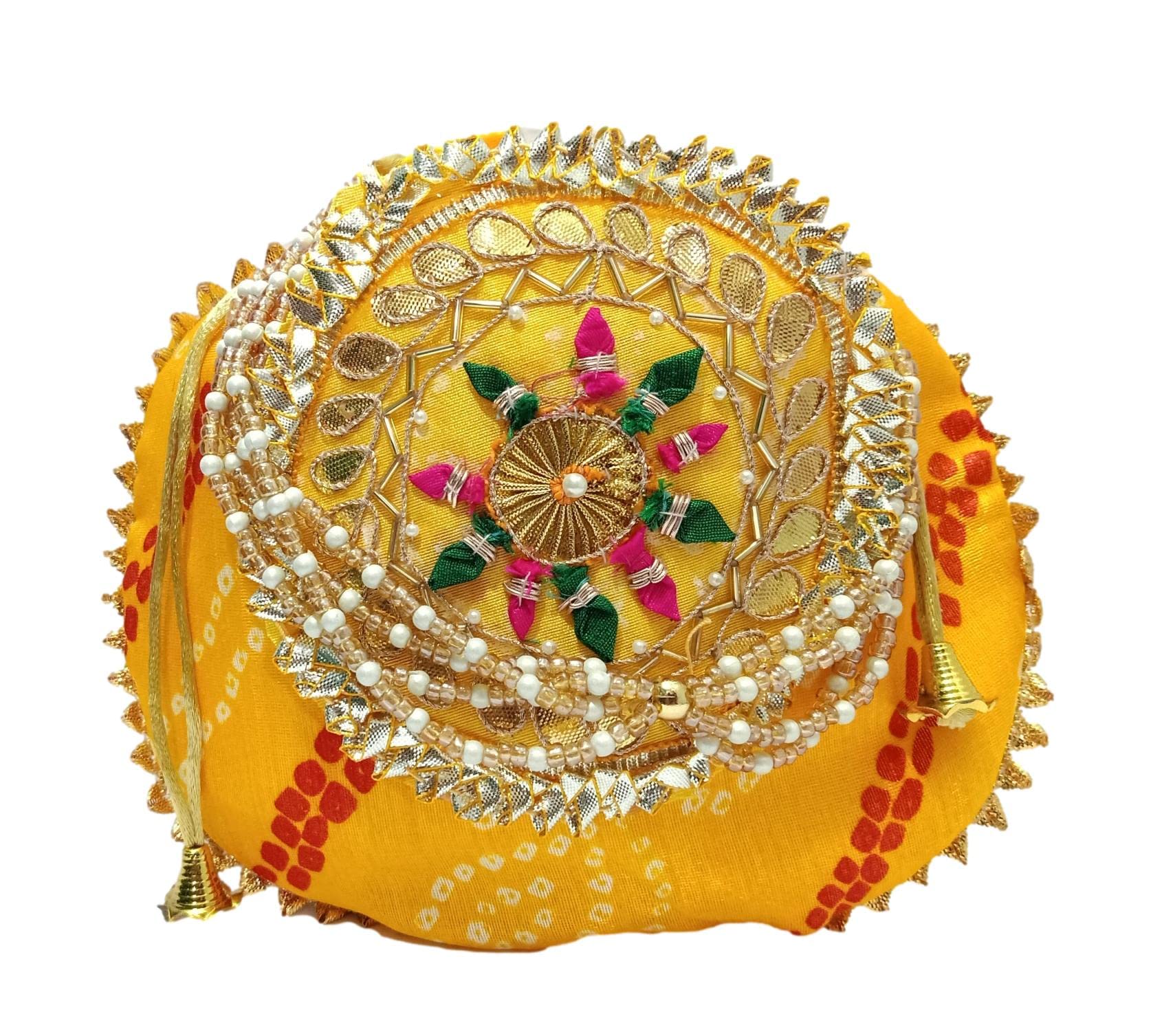 Jaipuri Bandhej zarigota Yellow Potli Bag Bridal Purse Women handbag Shagun Pouch Return Gifts for women-image-40