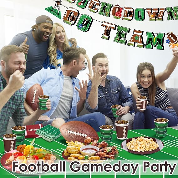 Football Party Supplies Kit for 24 Guests - football party decorations Includes Football Plates Napkins Tablecloth Cups Banner - for Football Birthday Game Day Tailgate Party Decorations