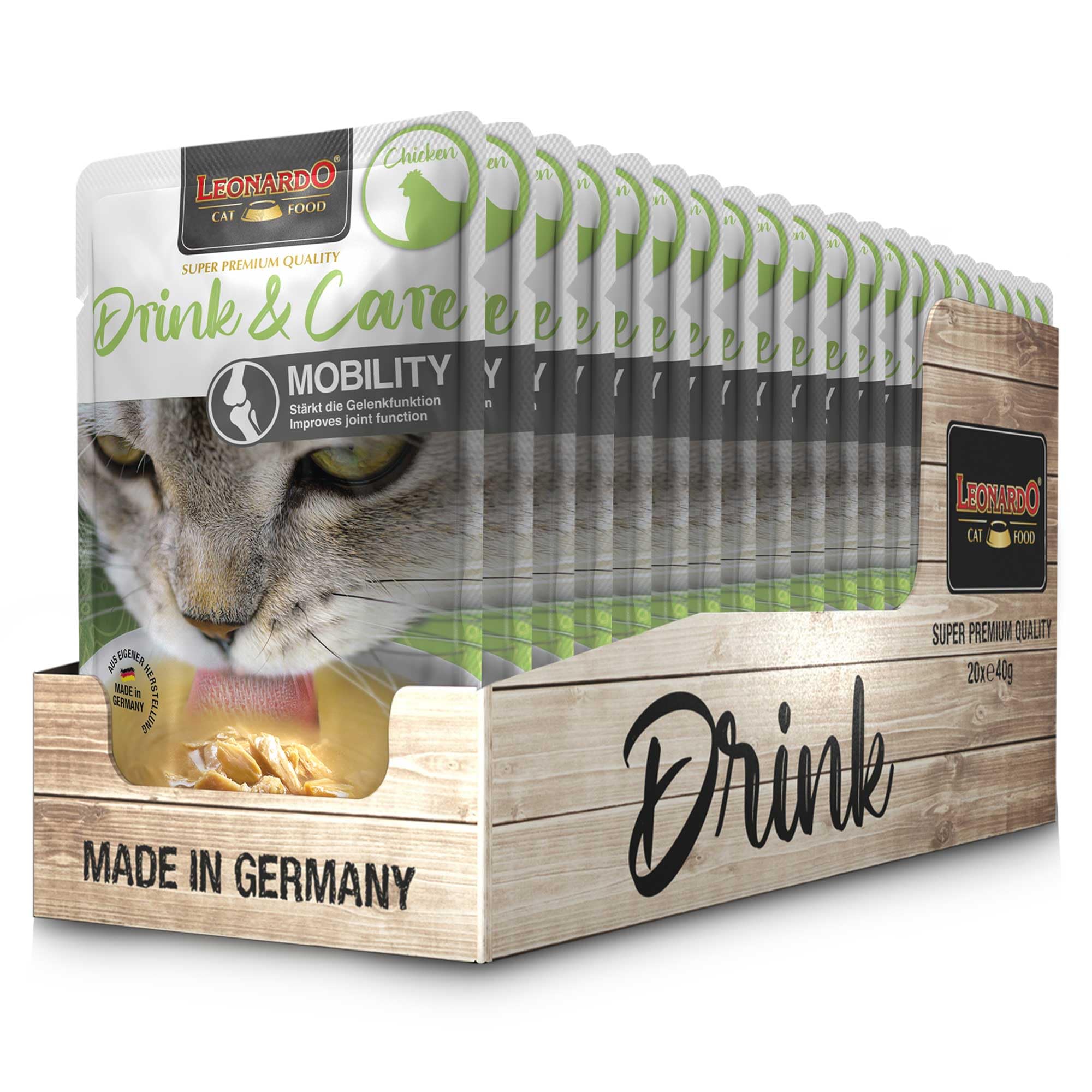 Leonardo Drink & Care Mobility Chicken | 20 x 40 g | Ergänzungsfuttermittel für ausgewachsene Katzen | Zur Unterstützung der Flüssigkeitsaufnahme und der Gelenkfunktion