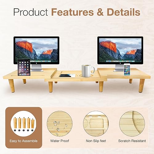 Miniatura 2 de Elevador de soporte para monitor doble, elevador de 3 paneles de madera maciza para computadora portátil con almacenamiento para teléfonotaza,