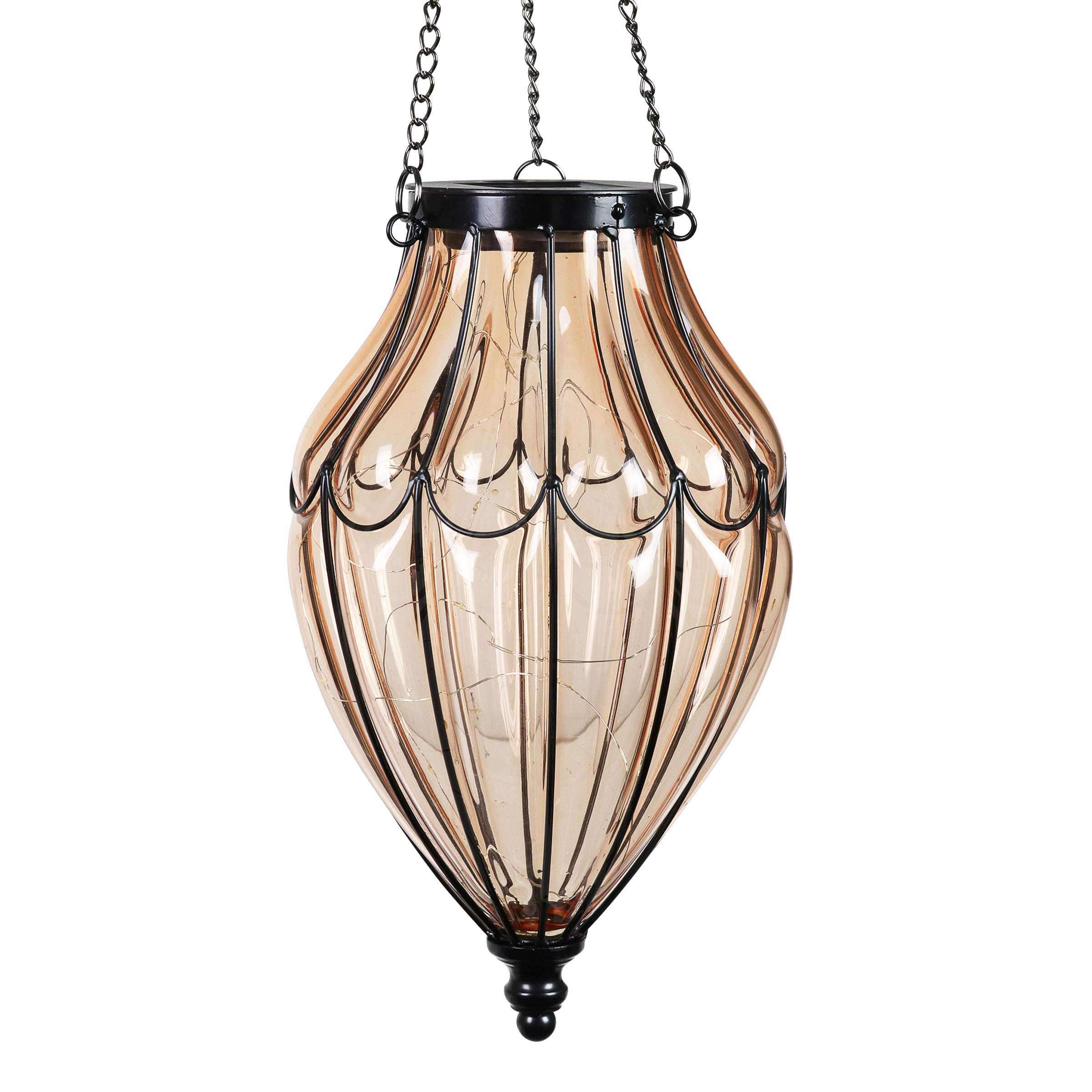 Exhart Outdoor Garden Solar Lights, Amber Glass Hanging Garden Lantern with Waving Metal Pattern, 15 LED Firefly Lights, 7.5 x 25 Inch