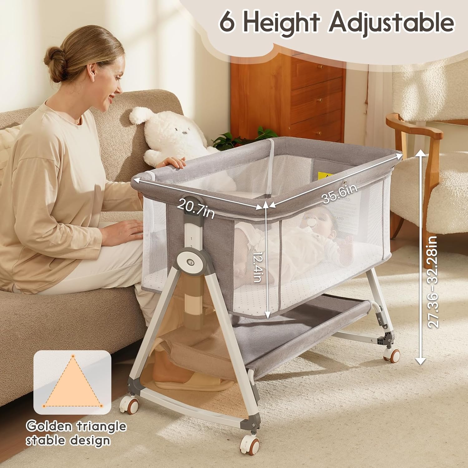 Baby Bassinet for Newborns, Large Storage Basket, Breathable Mesh & Mattress, Easy Move Bedside Crib for Newborns with Lockable Wheels, 6-Adjustable Height Beside Bassinet