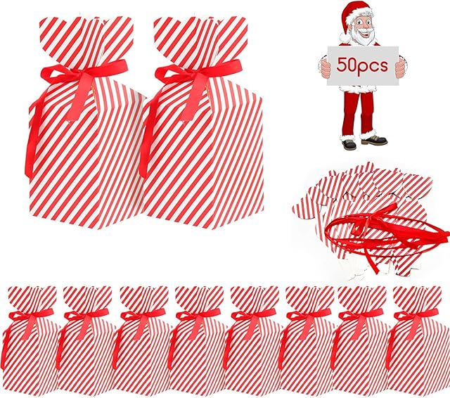 50Pcs Candy Box for Favor Christmas Box Gift with 50 Ribbon, Xmas DIY Gift Cake Boxes Party Bags Gift Party Dessert Cookie Paper Packaging