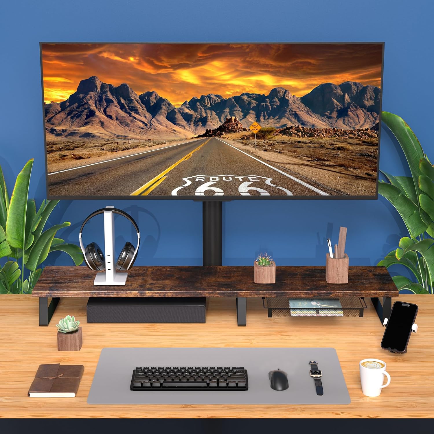 aothia dual monitor stand riser - metal leg monitor stand with drawer, desk shelf for pc, laptop & screen (vintage) vintage brown