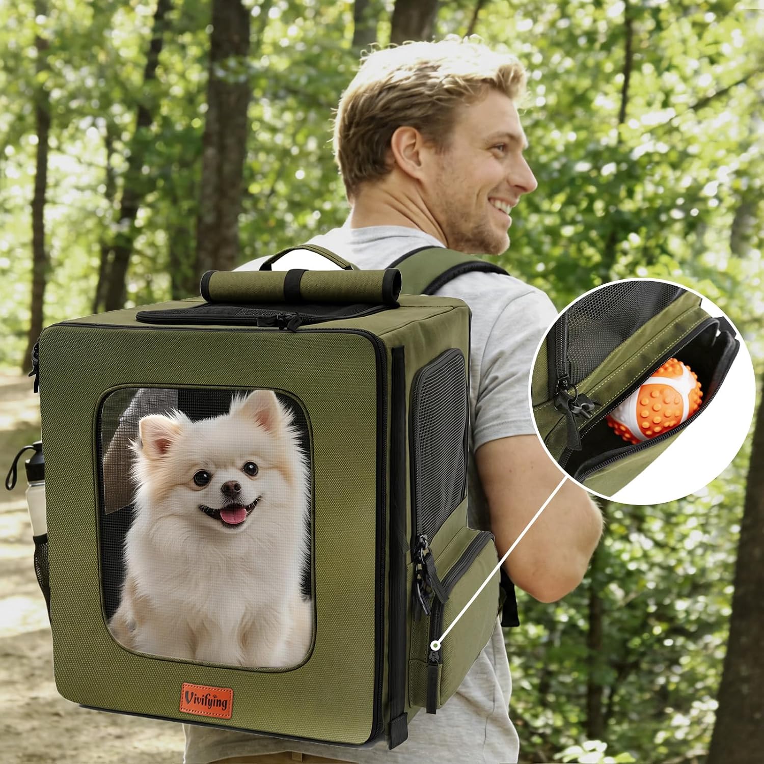 Vivifying Pet Carrier Backpack for Cats and Small Dogs up to 18 lb, Breathable Pet Backpack for Travel, Vet Visits and Hiking, with Sunshade, Locking Zippers, Thickened Bottom Support (Military Green)