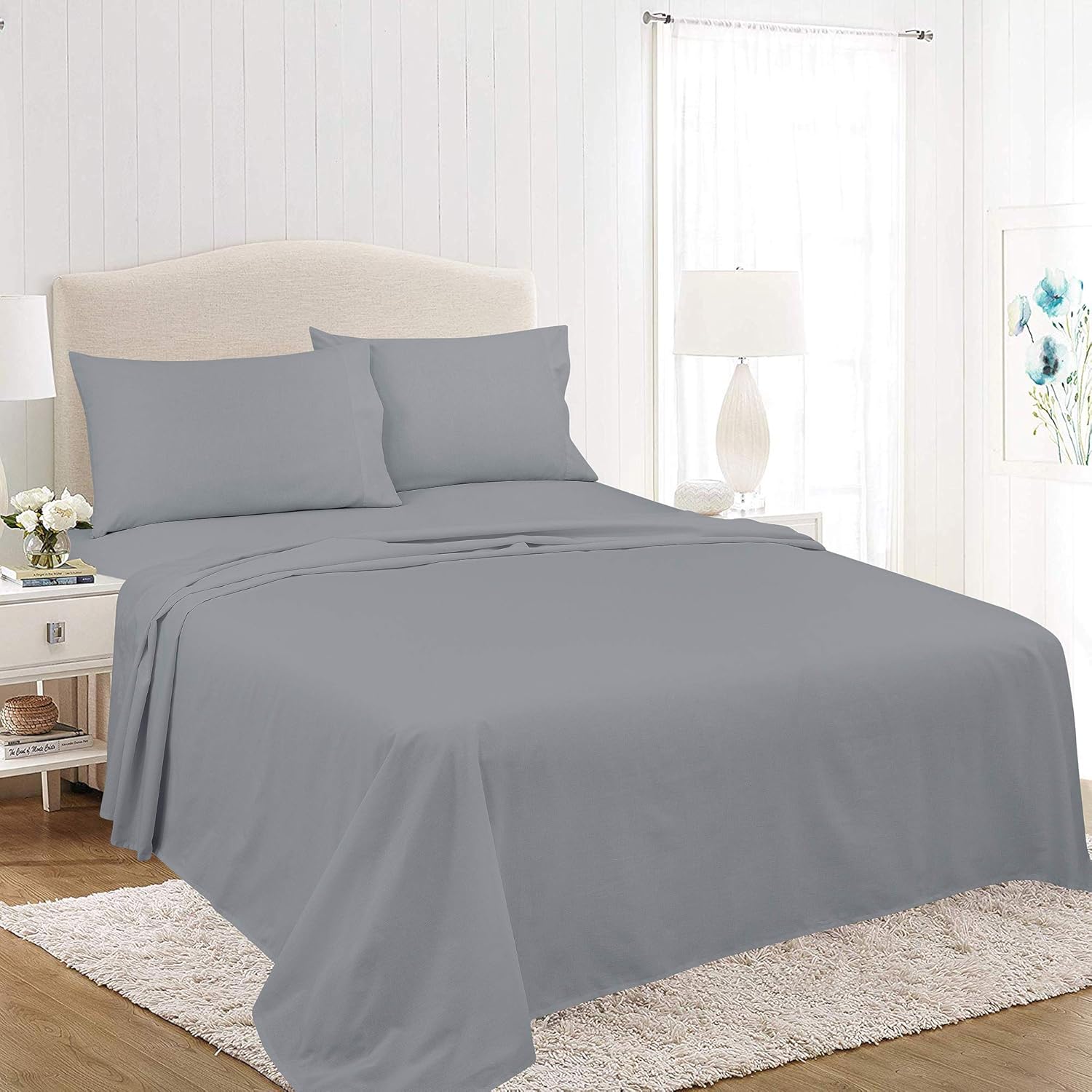 ROYALE LINENS Soft Home Brushed Percale Ultra Soft 100% Cotton, Queen 4-Piece Sheet Set, White