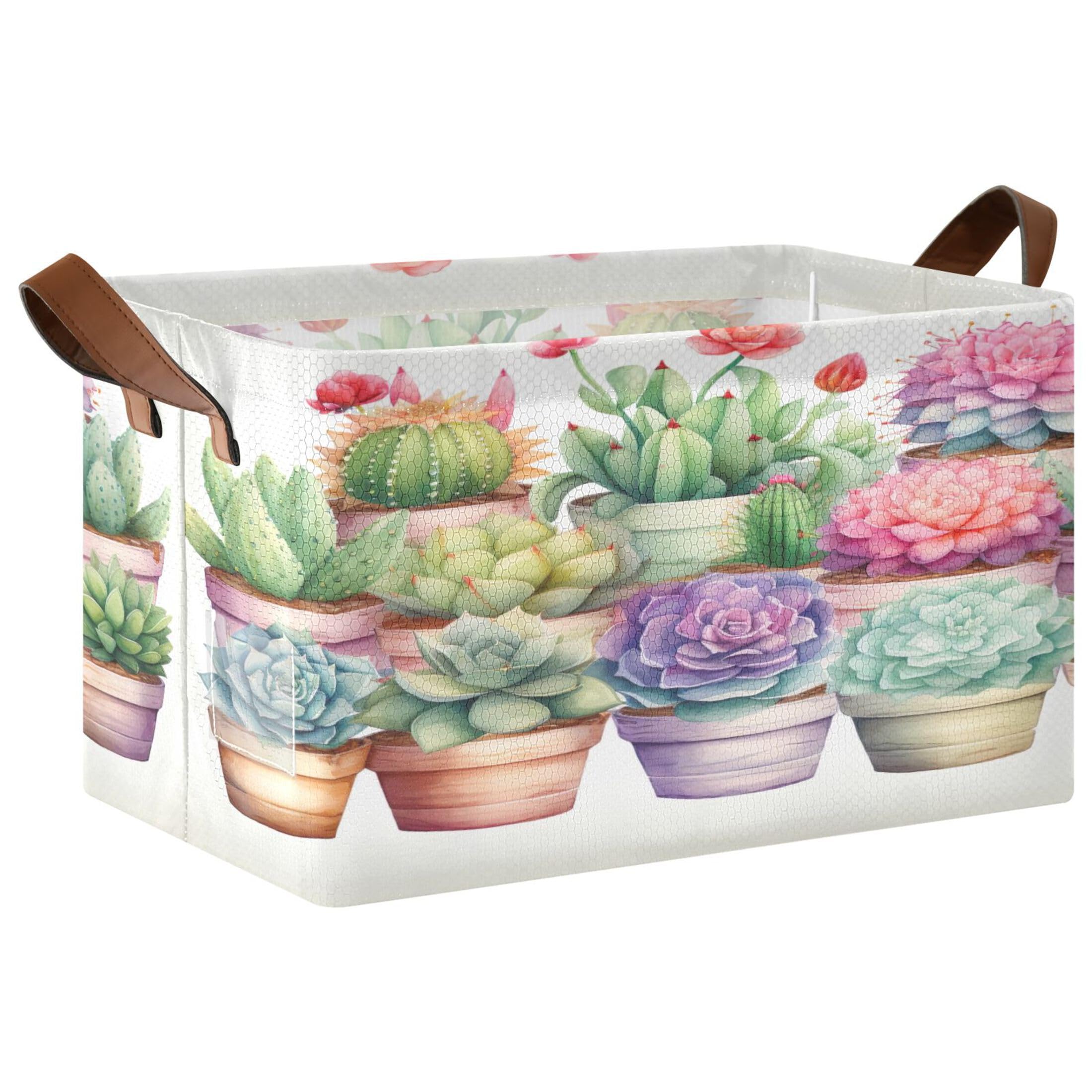 Kutsu Foldable Storage Basket Cactus Succulent Collapsible Storage Bin with Handles for Shelves, Rectangle Basket for Home Nursery Decor, 16.9x11.4x10 in