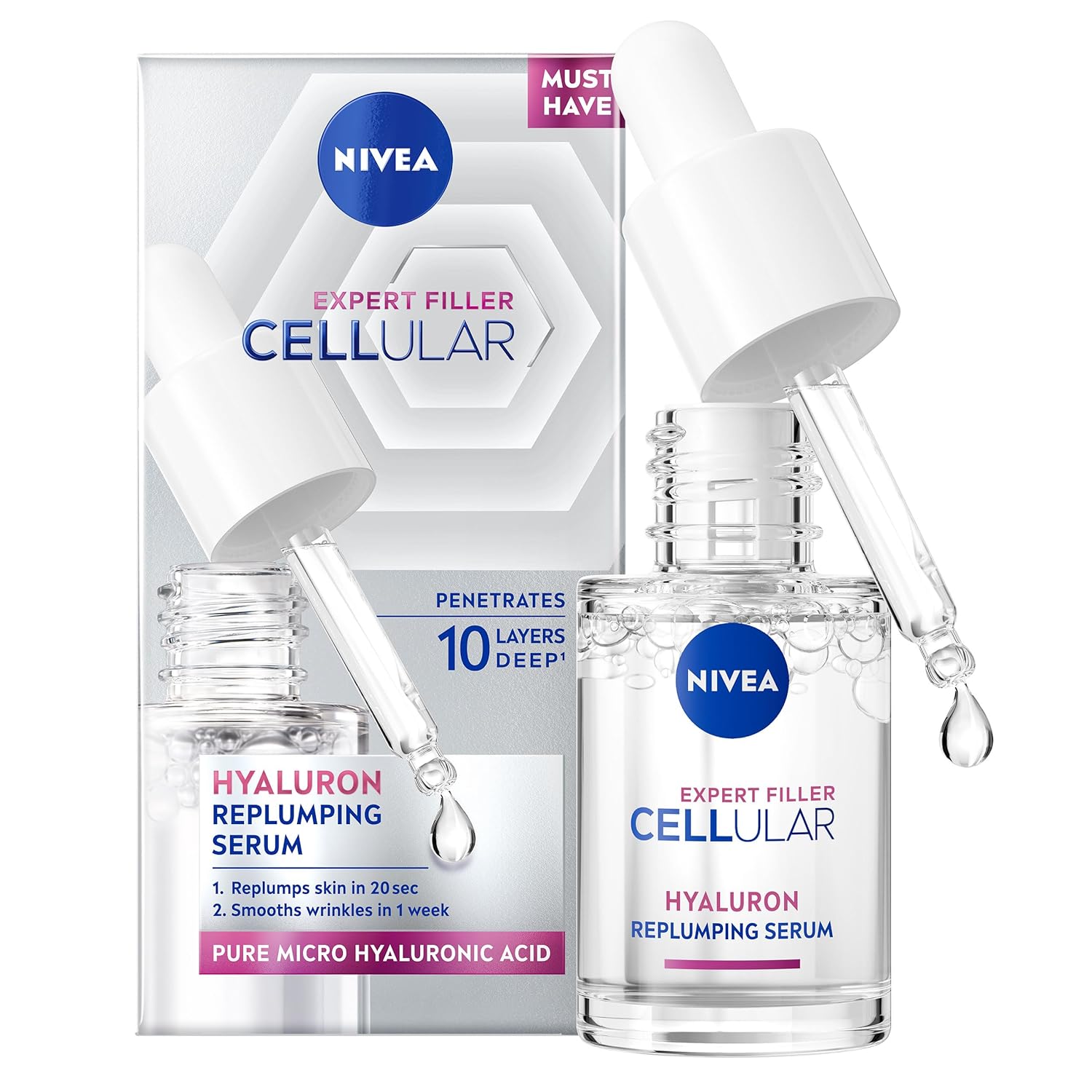 NIVEA Cellular Expert Filler Hyaluron Acid Replumping Serum (15ml), Anti-Ageing For Visibly Smoother, Hydrated, and Supple Skin, Dermatologically Approved Hyaluronic Acid Serum, Mini Size