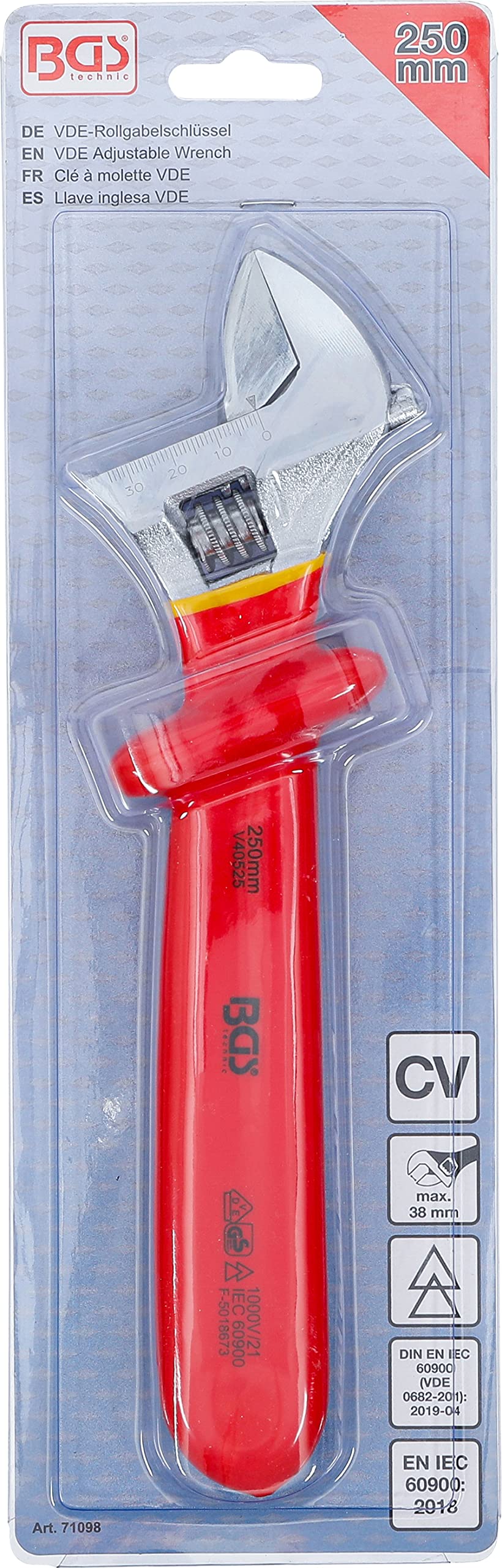 BGS 71098 | Llave inglesa VDE | máx. 38 mm | Longitud 250 mm | Acero al cromo vanadio | Aislamiento de inmersión según IEC 60900 | Ajuste de 15° | Escala en milímetros