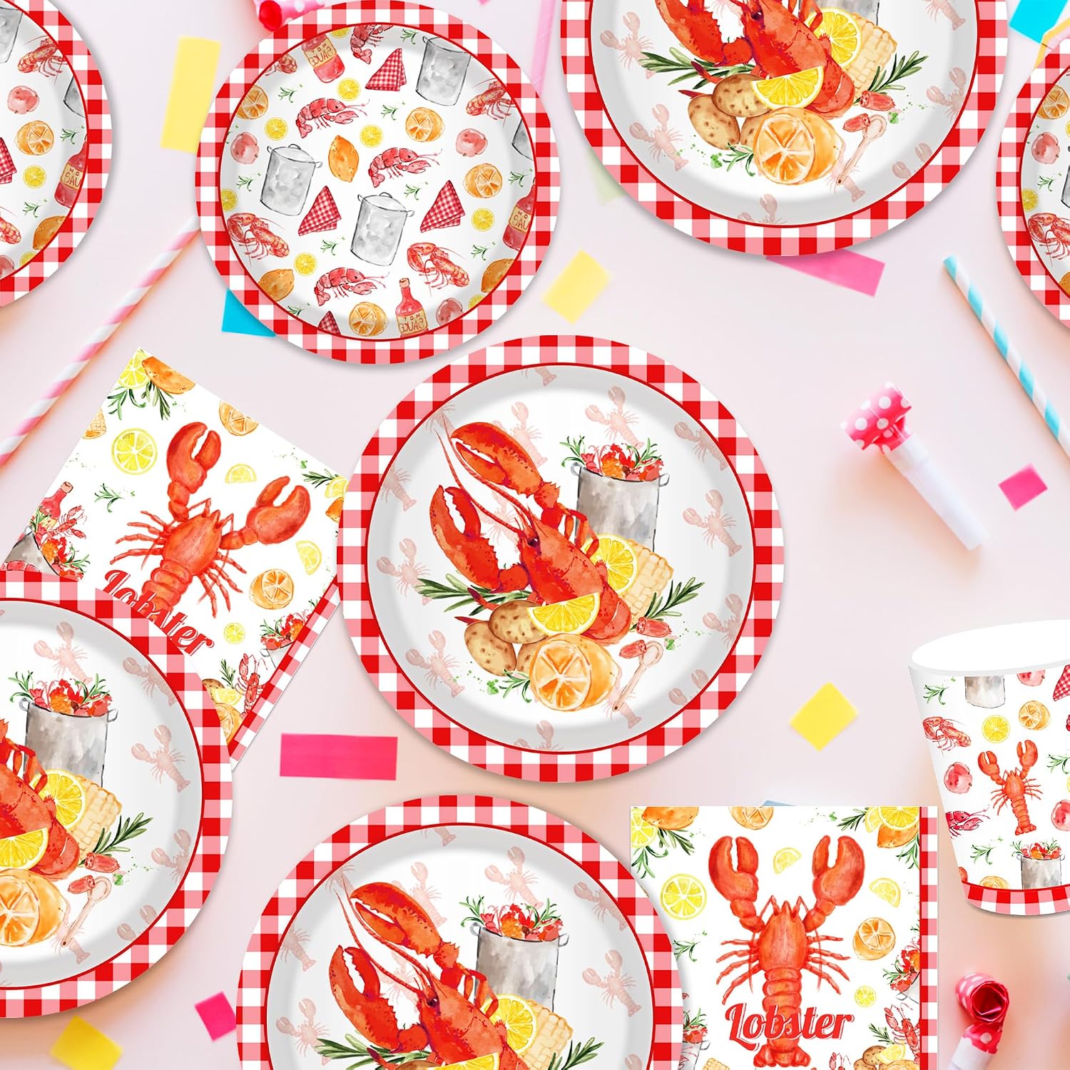 24pcs 9 inches Lobster Themed Disposable Paper Plates – Vibrant Seafood Design with Red & White Checkered Border, Perfect for Summer Barbecues,Beach Parties,Family Gatherings,Seafood Feasts, Birthday image 5