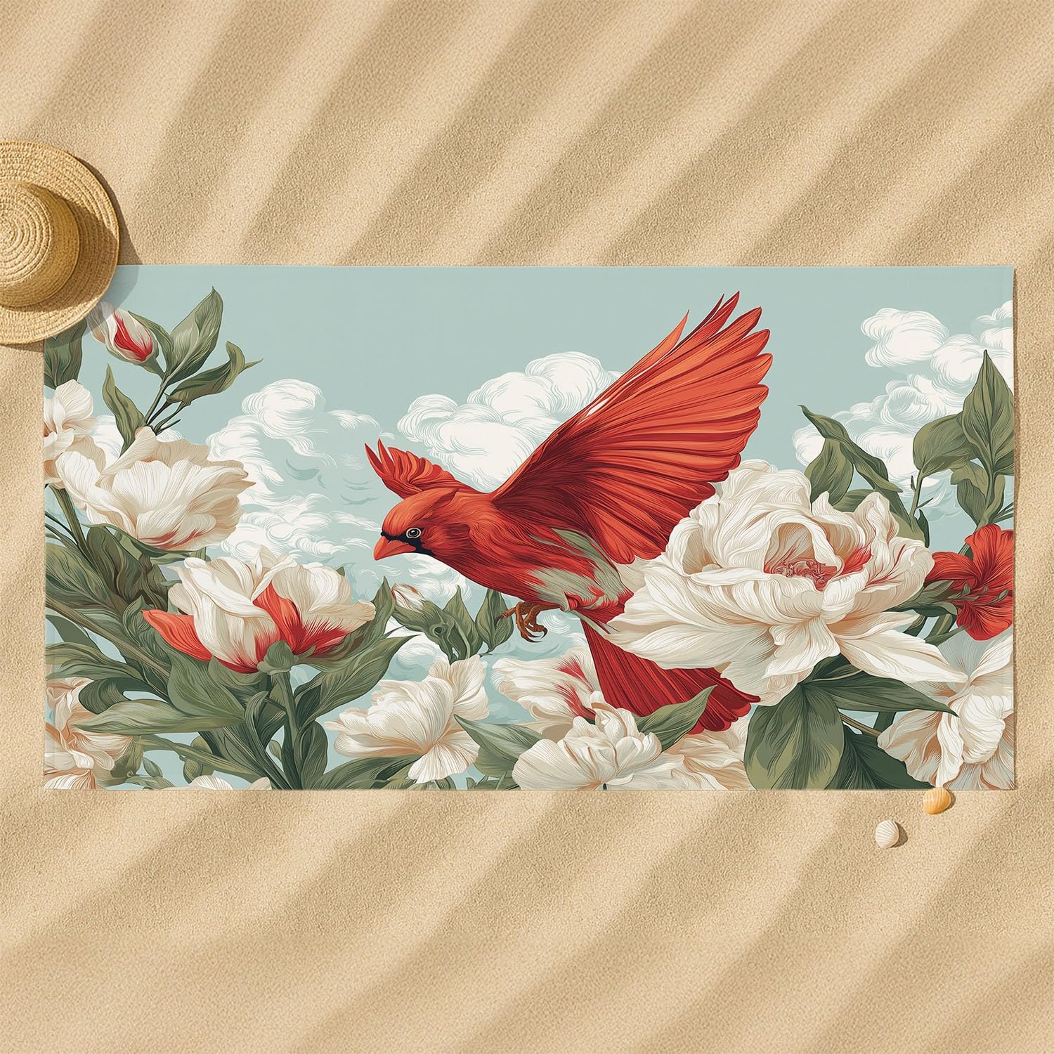 Natürlich, Floral-Prints Strandtuch 230 x 210 cm - Strandtuch trandtuch Leichtdünn Weich Farbintensive Vögel, Wolken,für Strand, Pool, Yoga, Picknick