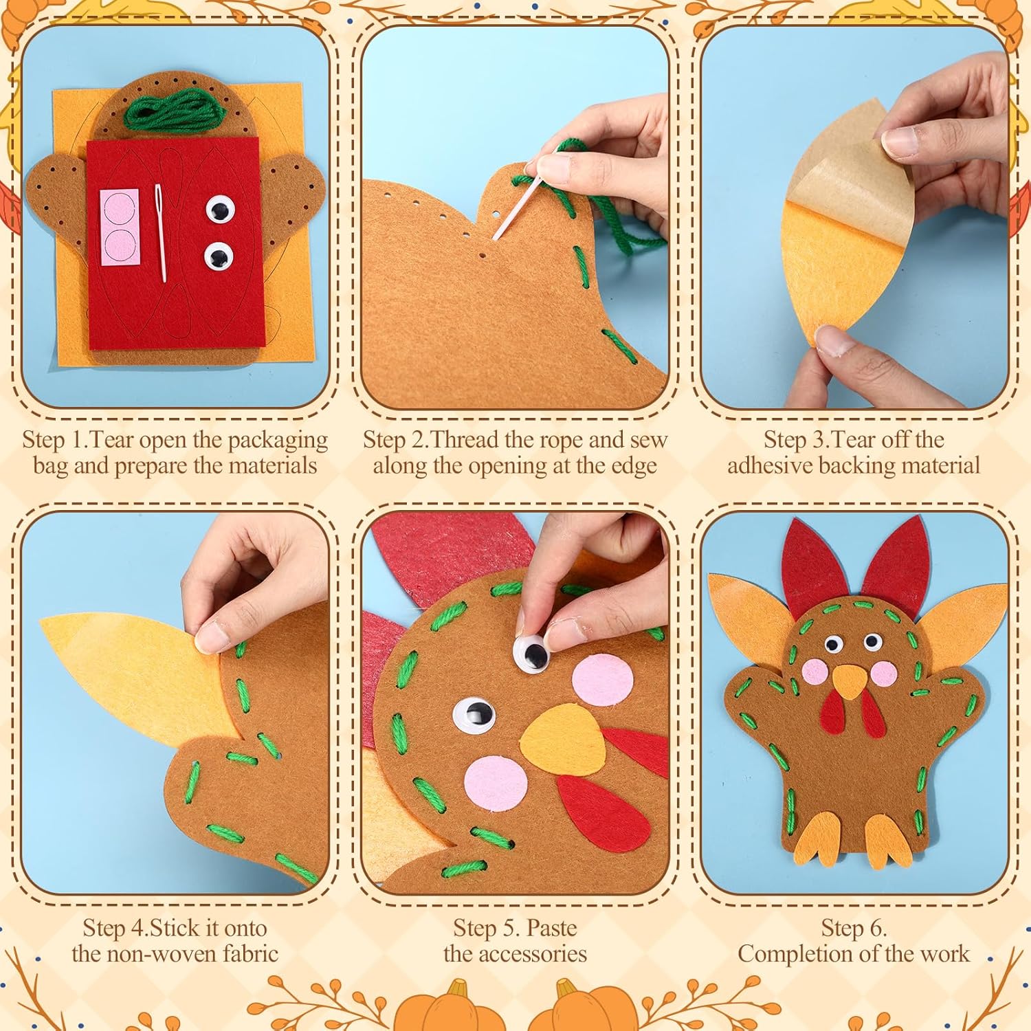 Soulchen 24 Pcs Thanksgiving Turkey Hand Puppet Making Kit Art Craft Felt Turkey Puppet DIY Crafting Sewing Set Fall Creative DIY Make Your Personal Puppets for Thanksgiving Role Play Supply