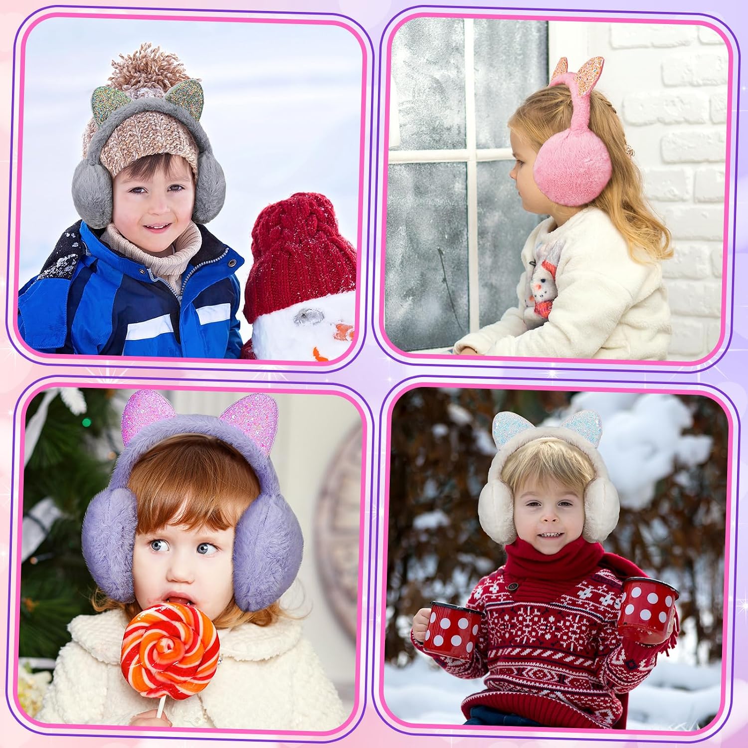 TecUnite 4 Pcs Kids Cat Ear Winter Earmuffs, 4 Colors: Grey, White, Purple, Pink