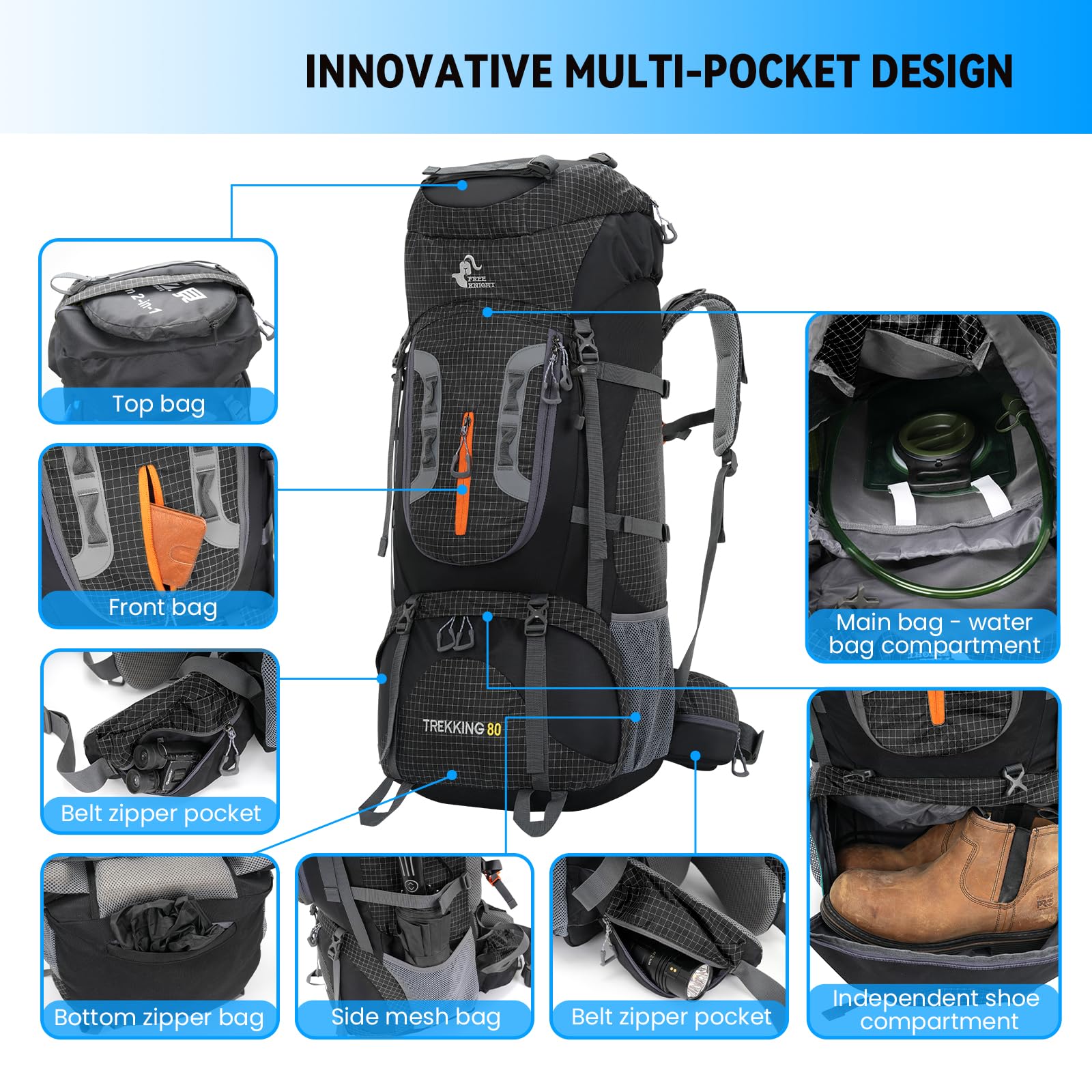 Bseash 80L Wasserdichter Wanderrucksack mit Regenschutz, leichter Outdoor-Sport, Reisen, Tagesrucksack für Klettern, Touren (Schwarz)