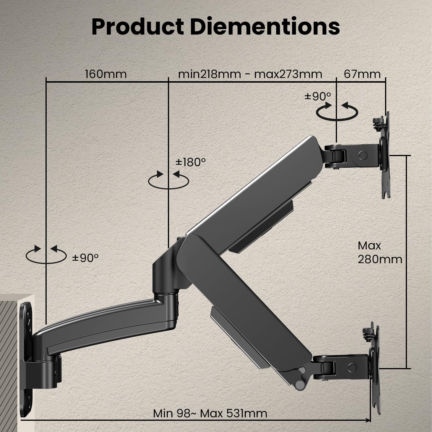 Uchwyt ścienny na 2 monitory 17-32 cali, 9 kg/ramię, VESA 75x75/100x100, ergonomiczna regulacja