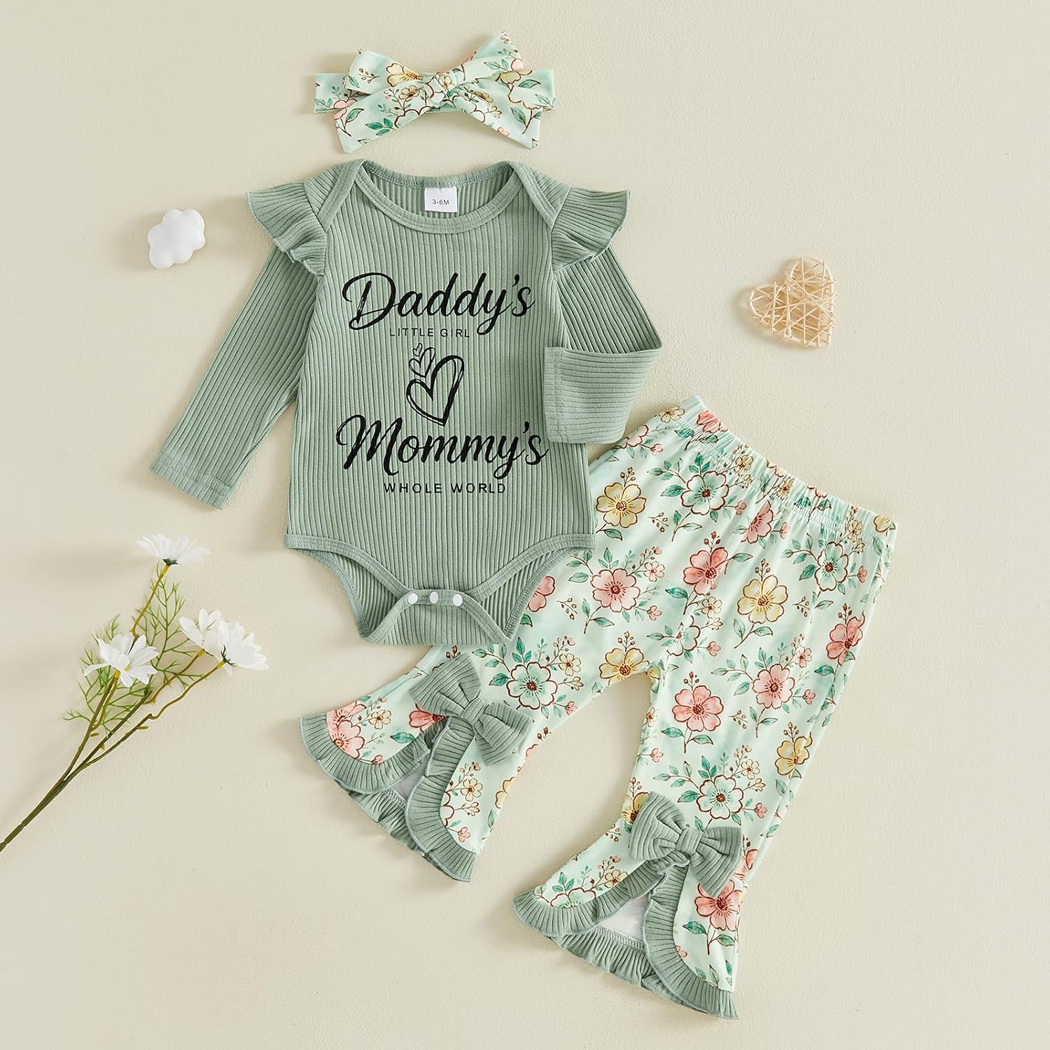 Newborn Baby Girl Clothes Ribbed Knit Bodysuit Flower Bell Bottoms Set Romper Flare Pants Fall Coming Home Outfits