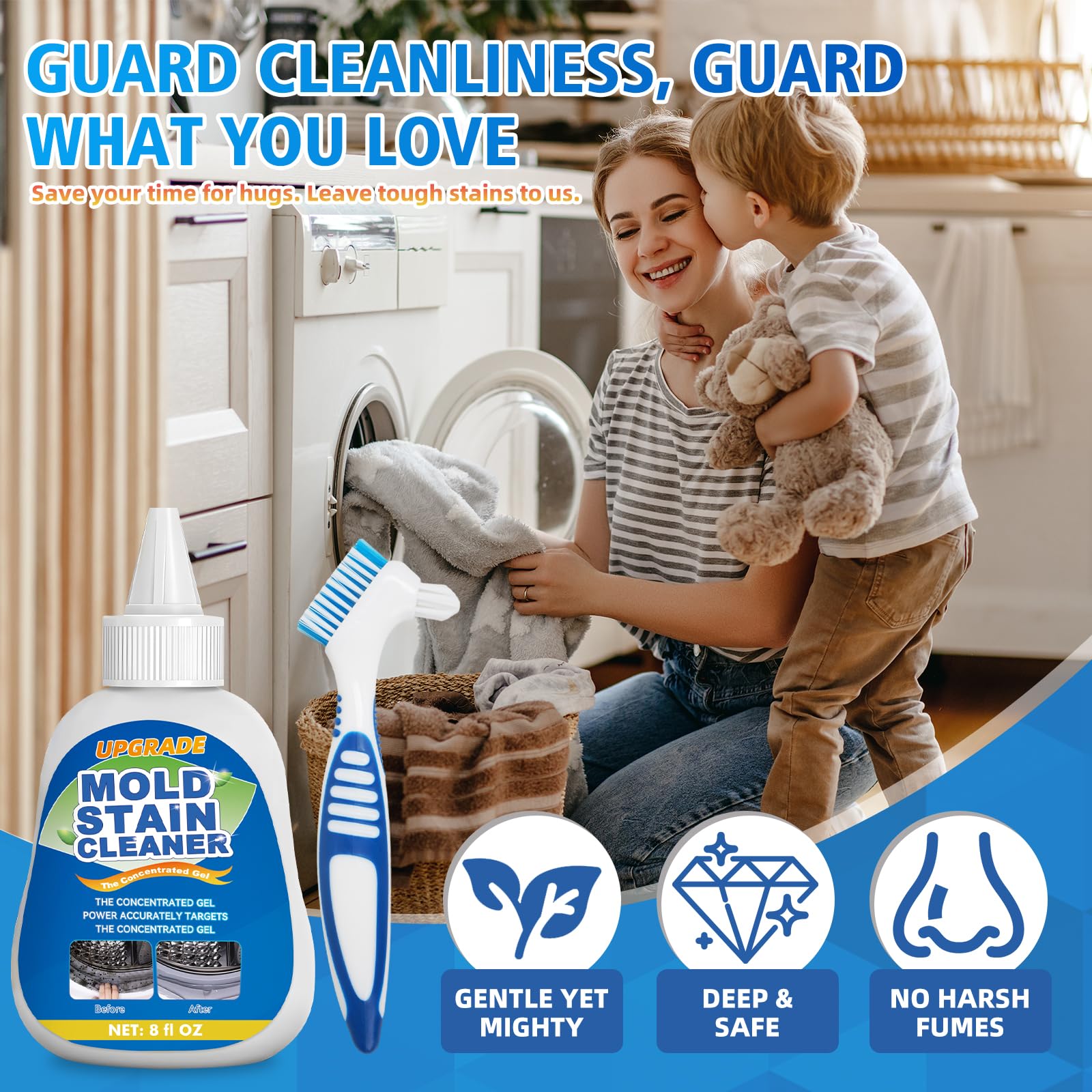 Mold Stain Cleaner Gel, 8 Fl Oz Household Washing Machine Cleaner for Front Loader Seal, Heavy Duty Stain Cleaner for Refrigerator Strips, Home Kitchen Sinks Tiles Grout Sealant, Bathroom Cleaning - 3