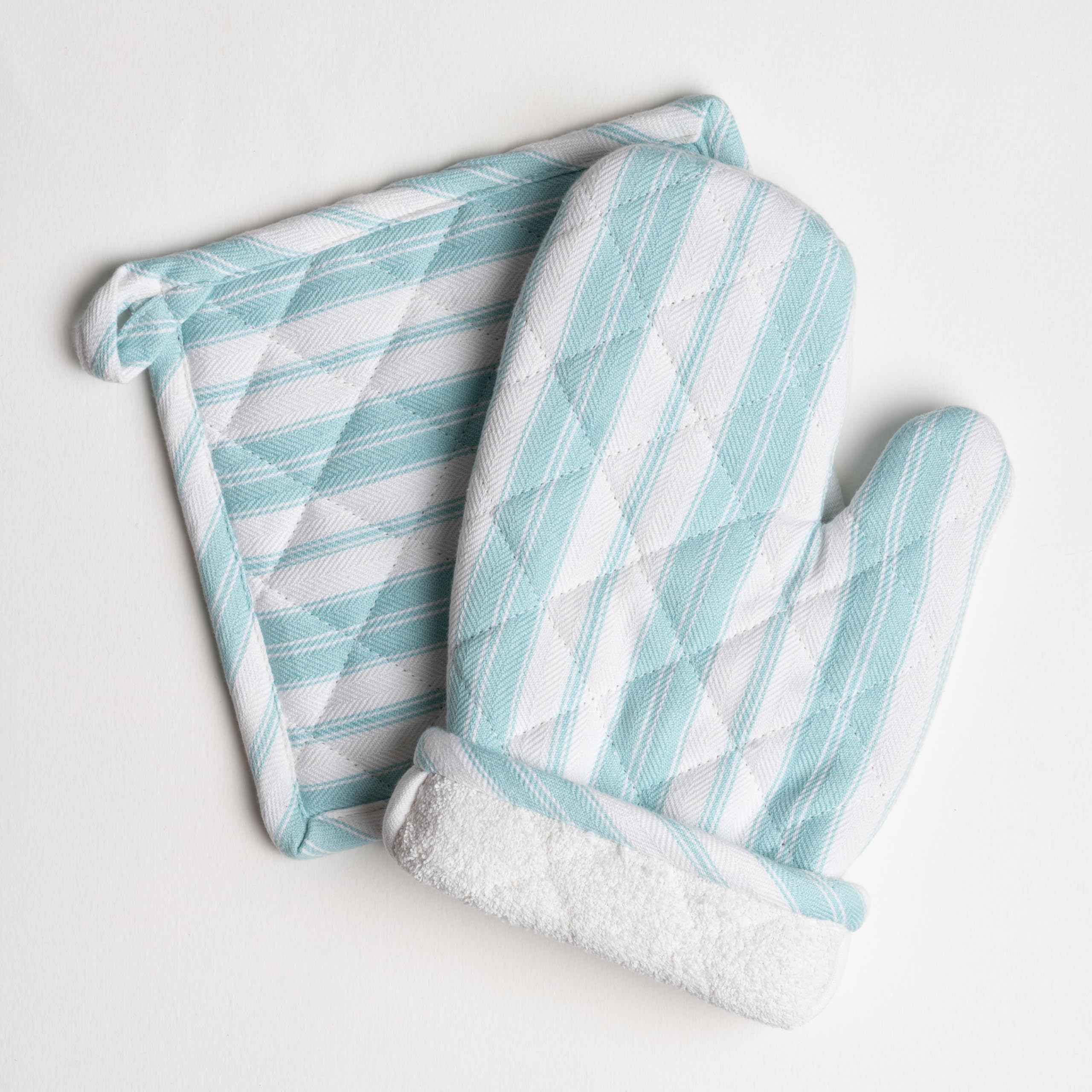 2 manoplas de horno de 18 x 32 cm y 2 juegos de agarraderas (20 x 20 cm), resistentes al calor con forro de rizo para manoplas, tamaño 18 x 32 cm y 20 x 20 cm, color azul claro