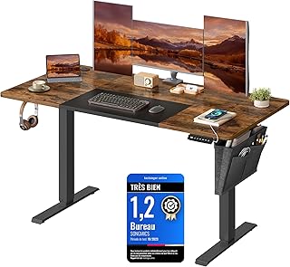 SONGMICS Bureau Électrique Réglable en Hauteur, 140 x 60 cm, Table Assis-Debout, Fonction Mémoire 4 Hauteurs, pour Bureau, Télétravail, Marron Rustique et Noir d'encre LSD016X01