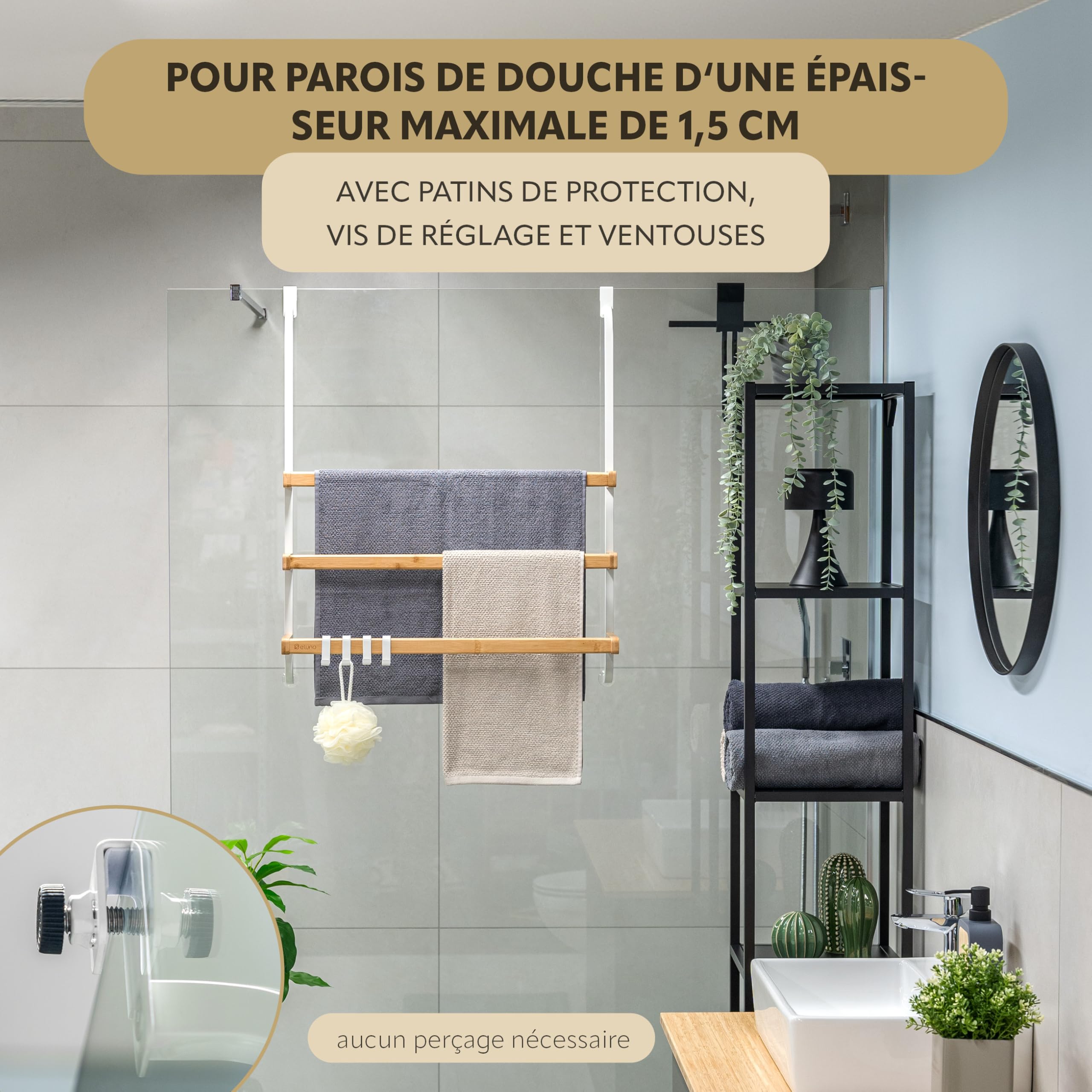 eluno Porte-serviettes pour paroi de douche en verre en métal et bambou, porte-serviettes avec 3 barres, 4 crochets pratiques, à suspendre sans perçage, blanc