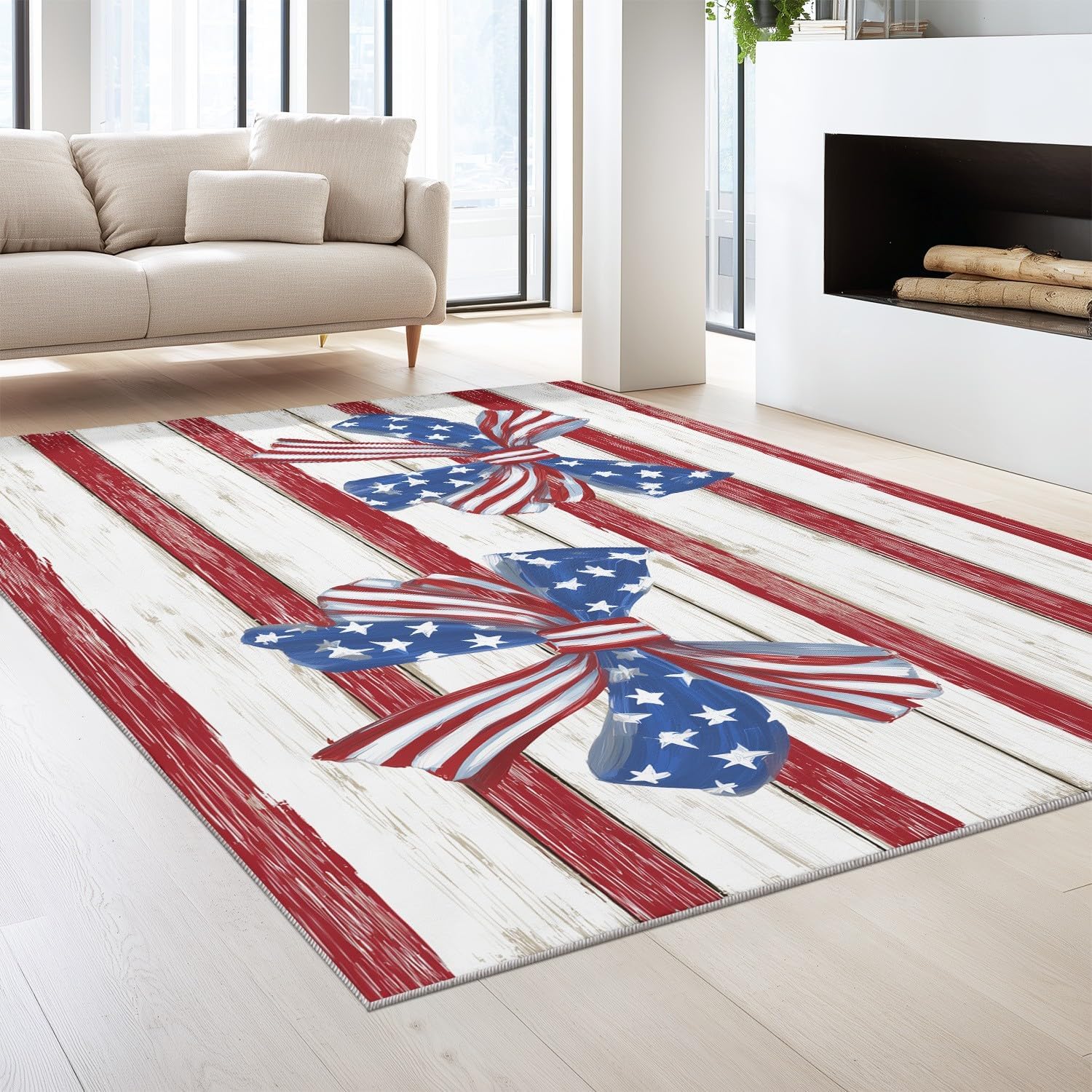 Lavabile Tappeto soggiorno 120x160 cm a righe rosse e bianche con fiocco e stelle, tappeto patriottico vintage, tappeti antiscivolo per camera da letto, ufficio, sala da pranzo, sottile