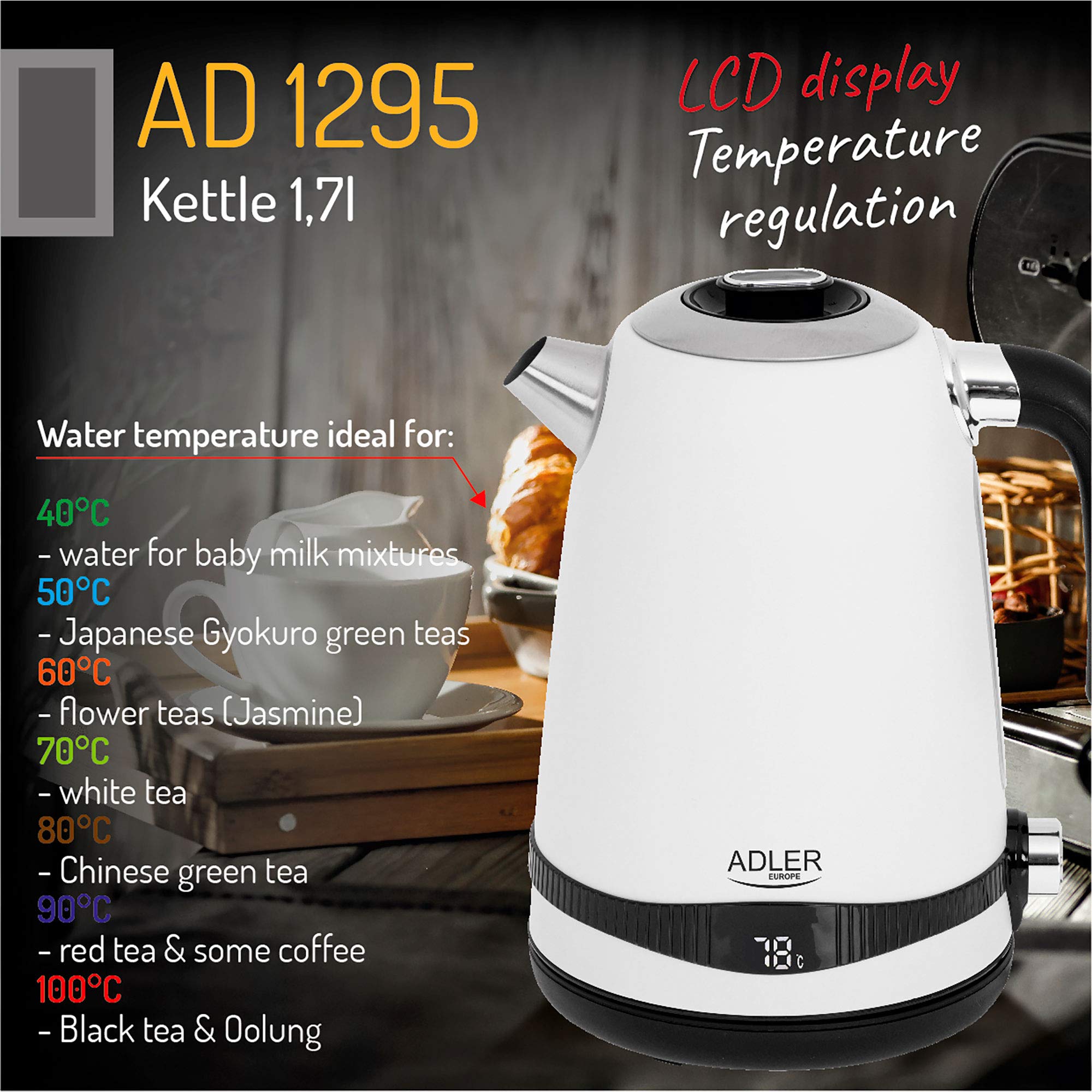 Adler - Bollitore ad 1295 W SS bianco satinato 1,7 L con display LCD e regolazione della temperatura