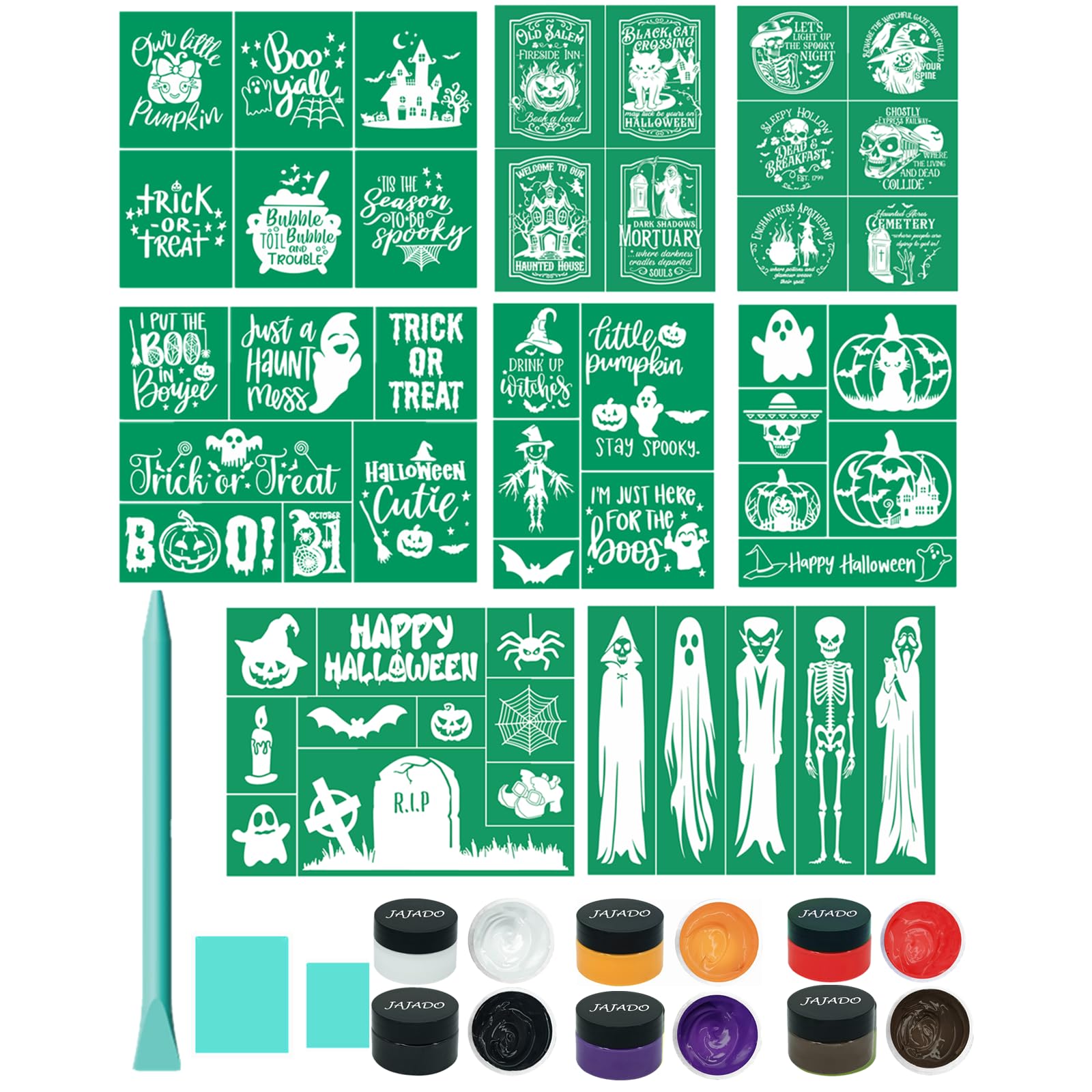 JAJADO 17 Pcs Halloween Silk Screen Stencils Chalk Paste Paint, 8pcs Fall Halloween Adhesive Stencils Silk Screen Transfers, 6pcs 1.7oz/50ml Stencil Paint on Wood Shirts Holiday Halloween Home Decor