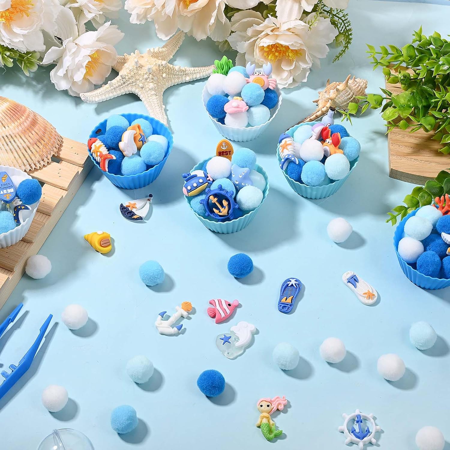 Sanixin 168 Pcs Ocean Sensory Bin Fillers Sea Animal Fine Motor Skills Summer Sensory Bin Item Pompoms Cups Tweezers Scissor Clips for Preschool Education Activities Sorting Counting (Sea)