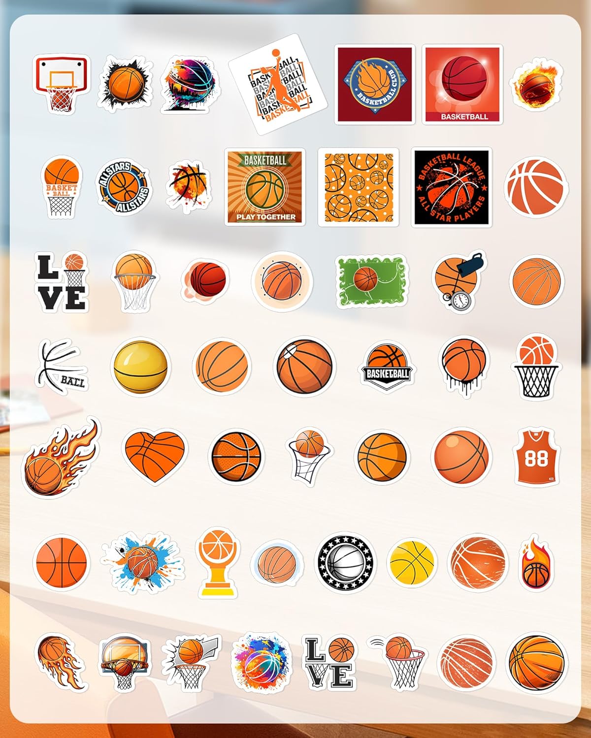 50pcs Basketball Stickers for Water Bottles Sports Stickers for Kids Sticker Pack Vinyl Waterproof Sticker for Scrapbooking Supplies Basketball Gifts Scrapbook Basketballs Party Favors
