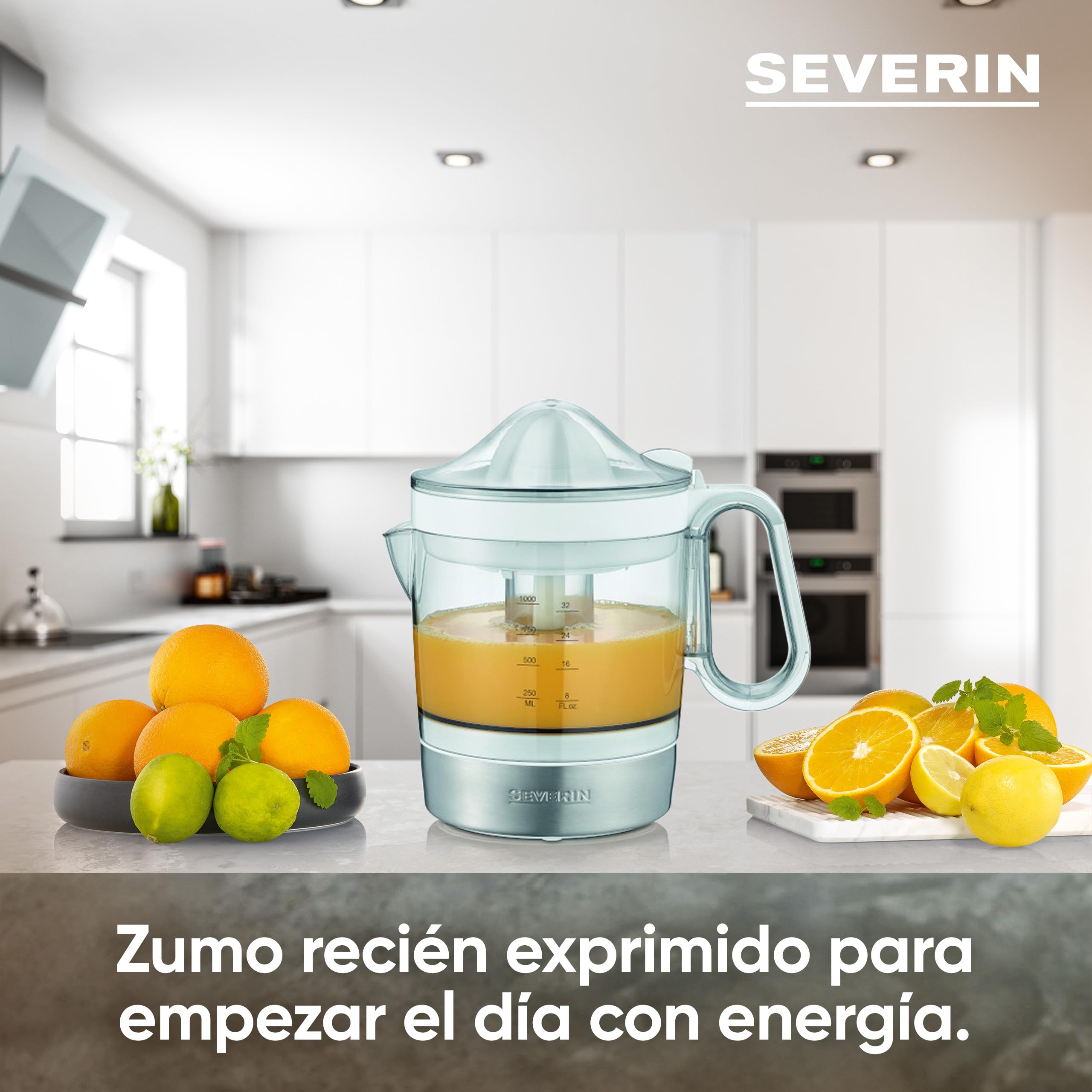 SEVERIN Exprimidor de naranjas eléctrico, exprimidor de frutas con 2 conos extraíbles y recipiente XXL de 1 L, zumo natural, 85 W, blanco, CP 3535
