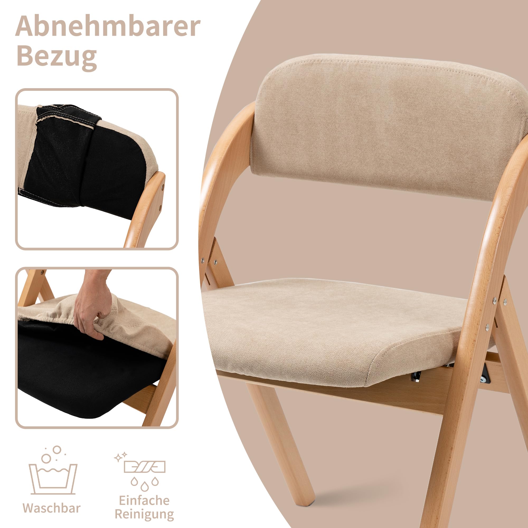 Klappstühle Set aus 2 stapelbaren Holz-Esszimmerstühlen mit gepolsterten Sitzen und abnehmbarem Bezug