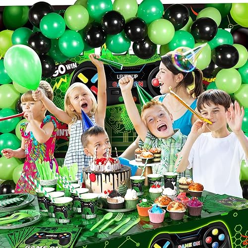 Miniatura 5 de Tatuo 152 piezas de suministros para fiesta de cumpleaños de videojuegos, cubierta de mesa para fiesta de jugadores, telón de fondo de feliz