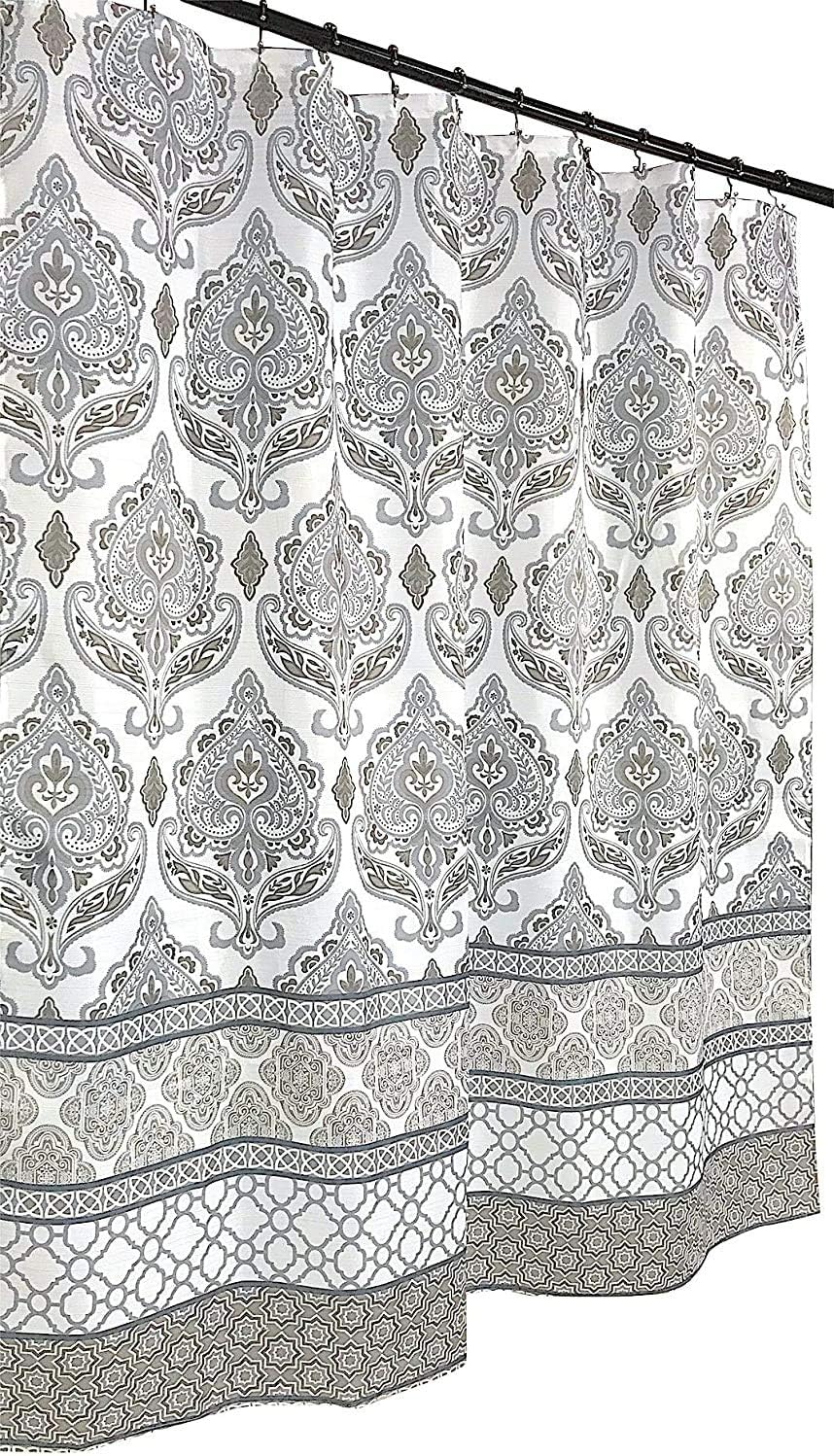 Grey Taupe White Fabric Shower Curtain: Floral Damask with Geometric Border Design (Darian)