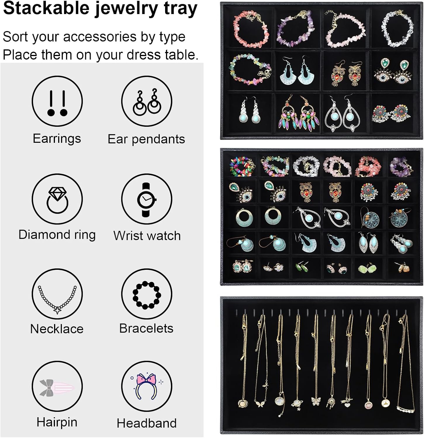 Stratalife Jewelry Trays Jewelry Organizer Earring Storage Drawer Jewelry Organizer Tray Drawer Insert Jewelry Storage with Removable Dividers For Women Set Of 3 Black