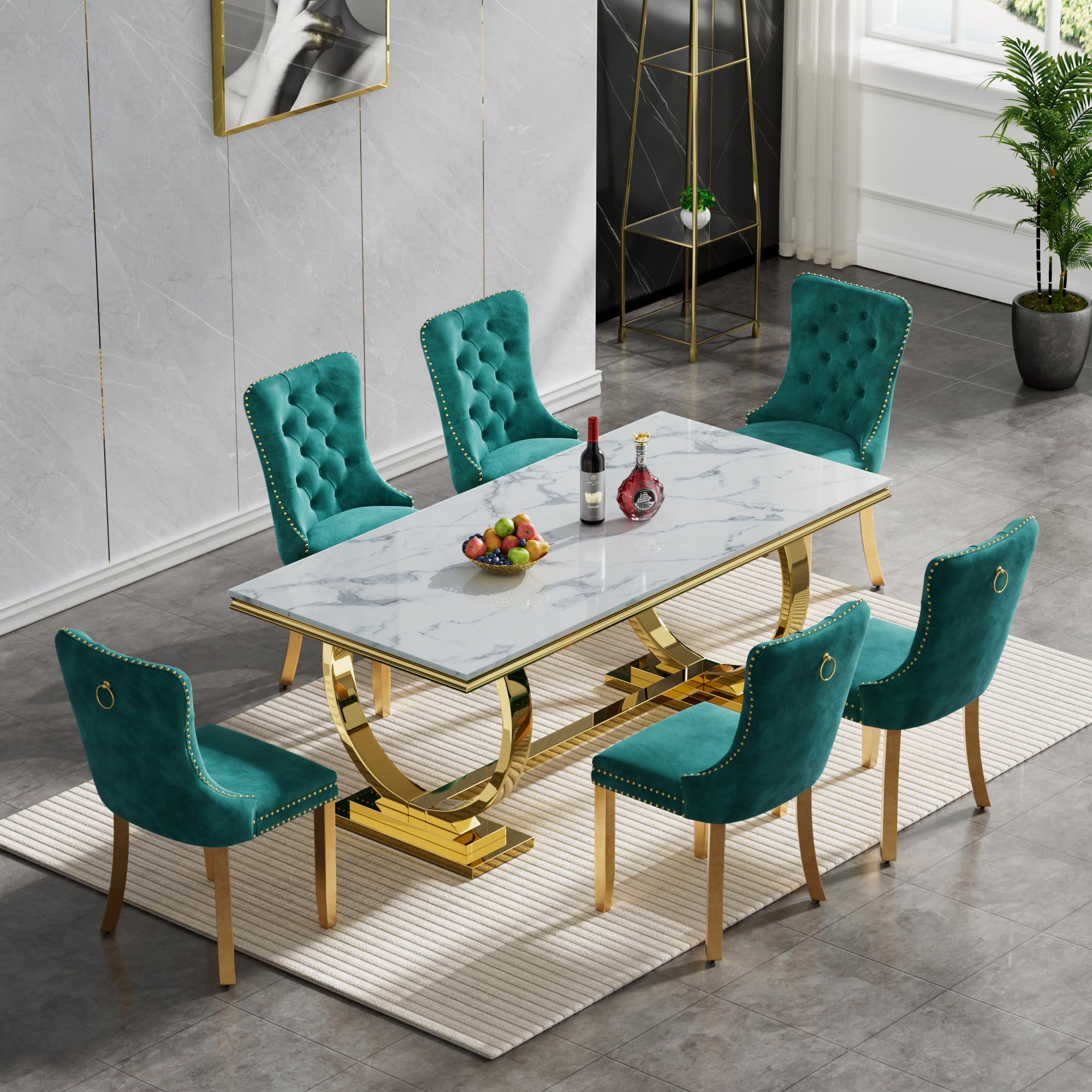 7 Piece Marble Dining Table Set for 6, Luxury White Marble Gold Kitchen Table with 6 Green Velvet Upholstered Chairs, Modern 6 Person Dining Room Table Set for Kicken Dining Office Room