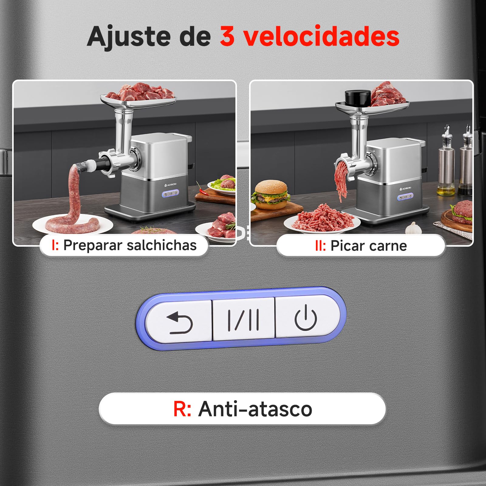 AOBOSI Picadora De Carne Silenciosa - 3000W Máx. Con Motor DC, Solo 60dB, Reversa Automática Y Empujador De Alimentos Con Almacenaje - 3 Niveles De Velocidad, Para Moler, Hacer Embutidos Y Kibbe