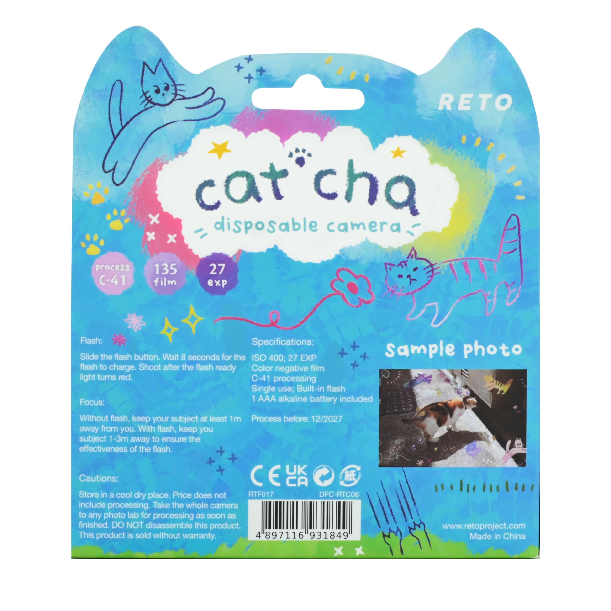 Reto Color Cat'cha 400 - Cámara de película desechable de 35 mm 27EXP, ISO400, película negativa a color, sin enfoque, fácil de usar, flash integrado, un solo uso (película y batería incluidas)